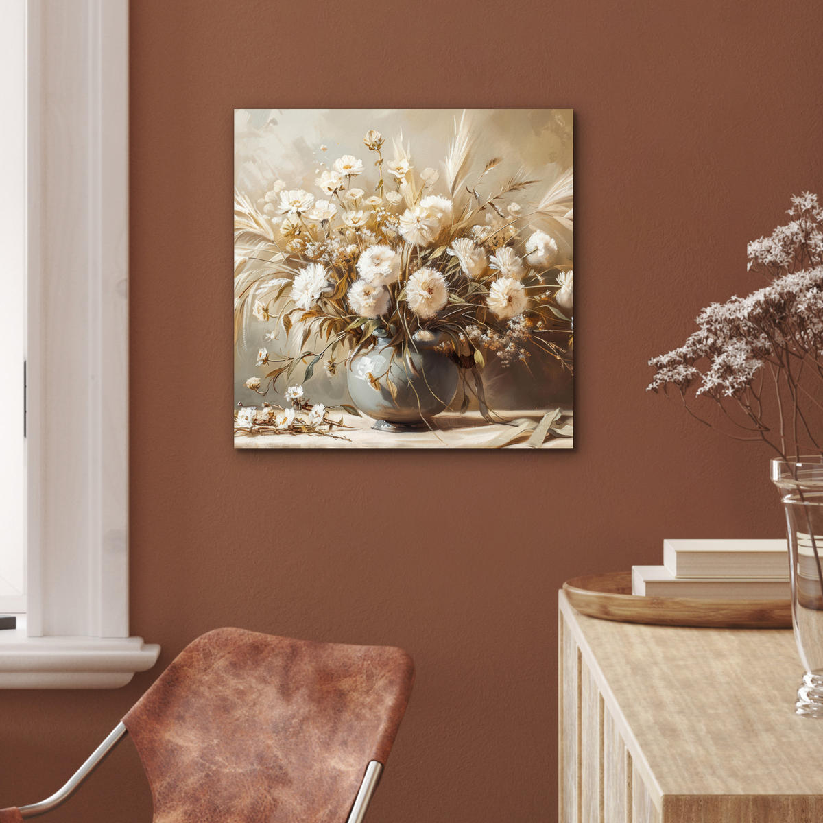 KOVOVÝ OBRAZ Kvety - Váza - Zátišie - Béžová 50x50 cm - krémová, kov (50/50cm) - MuchoWow