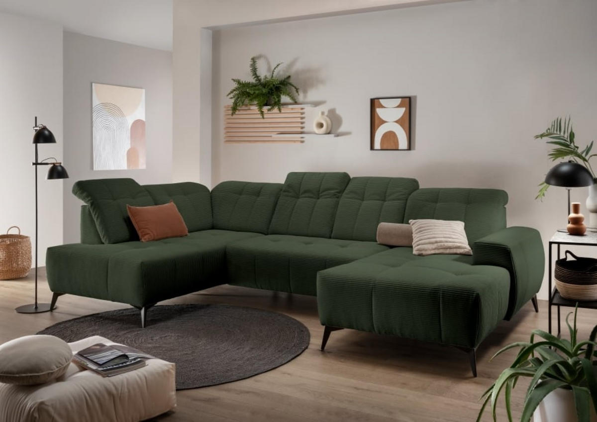 WOHNLANDSCHAFT mit elektrisch verstellbare Relaxfunktion, Cord-Stoff - Schwarz/Grün, Textil/Metall (337/104/200cm) - myHomelando