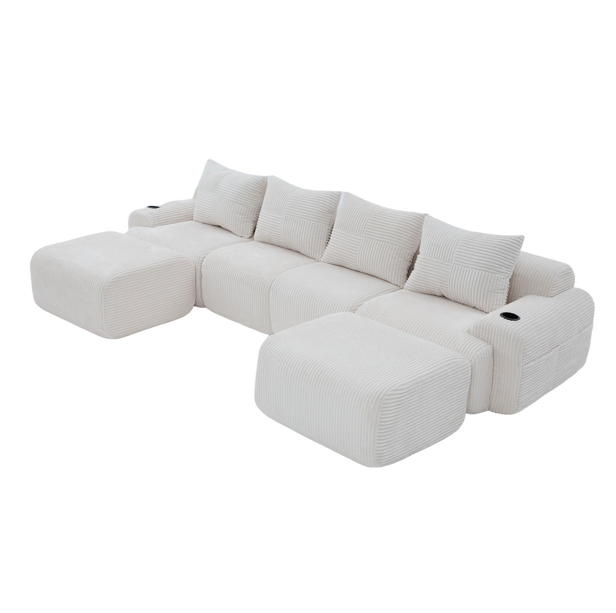 WOHNLANDSCHAFT Cord 4-Sitzer mit 2 Hockern und Getränkehalter 333/174/80 cm Beige - Beige, Textil (174/80/333cm) - Redom