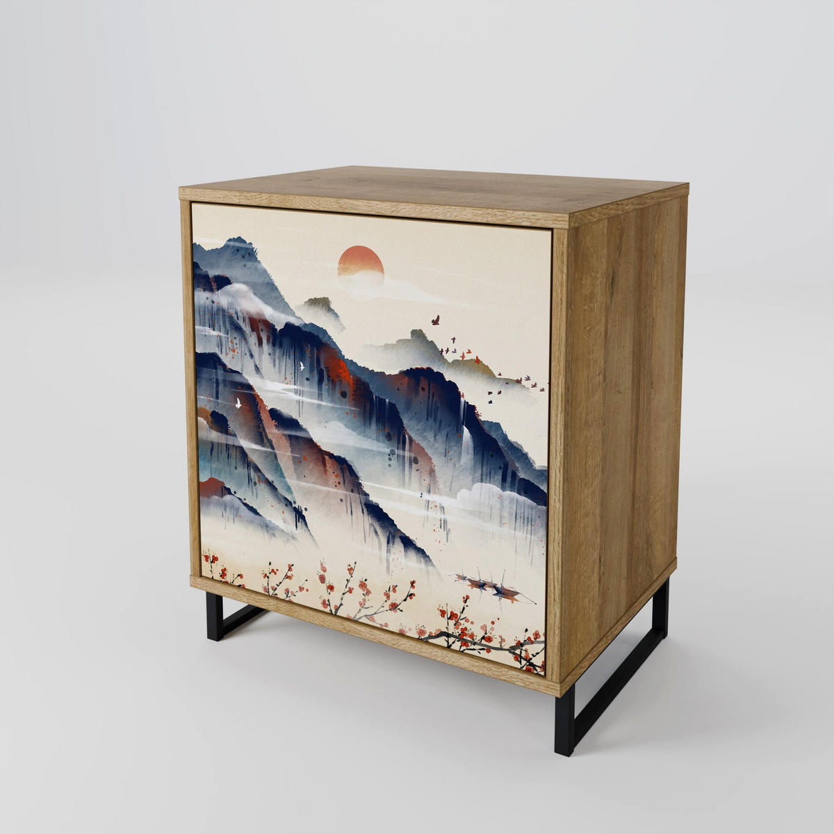 SIDEBOARD JAPANESE LANDSCAPE, Eichefarben, 57,5x42x72,5 cm, Schwarze Metallfüße - Eichefarben/Multicolor, Holzwerkstoff/Metall (57.5/72.5/42cm) - SpaceRebels