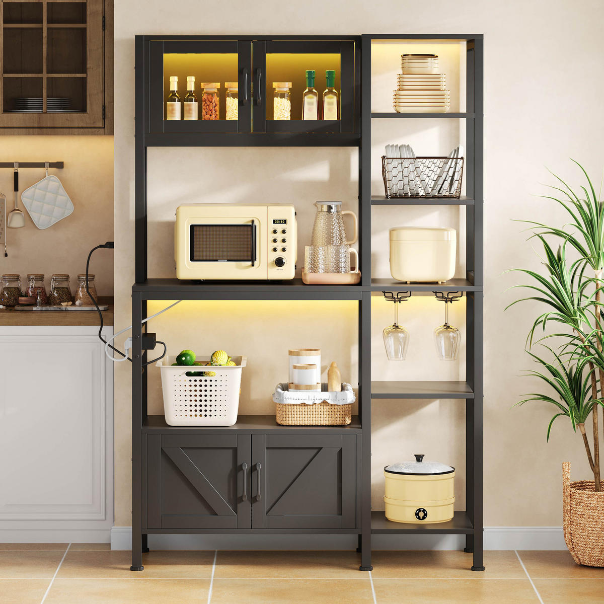 BUFFET 115/40/180 cm Schwarz mit LED-Lichtern, Barregal, Aufbewahrungsfunktion und Weinglashalter - Schwarz, Holz (115/180/40cm) - Oxeza