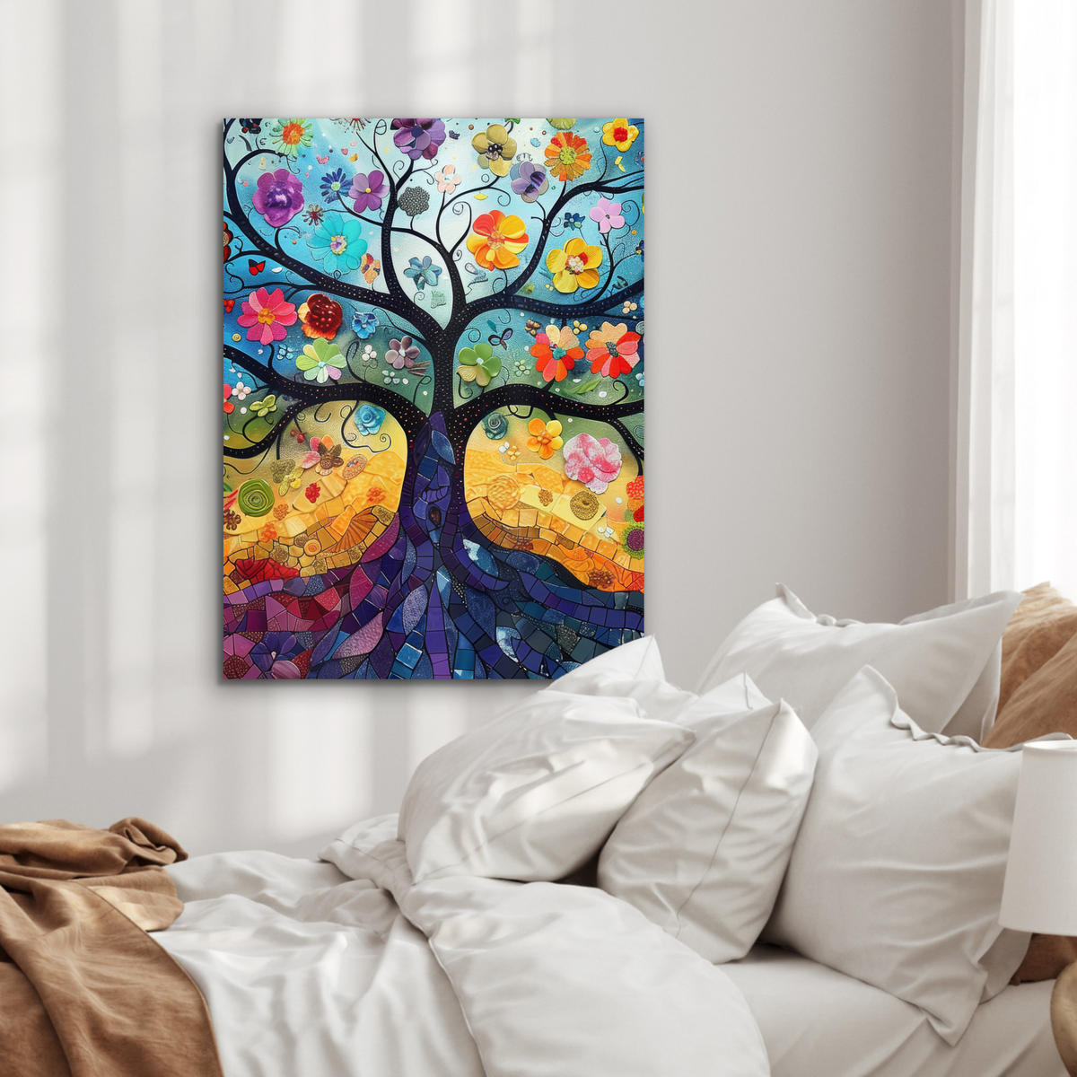 KOVOVÝ OBRAZ Umenie - Strom života - Kvety - Hippie 60x80 cm - tmavomodrá, kov (60/80cm) - MuchoWow