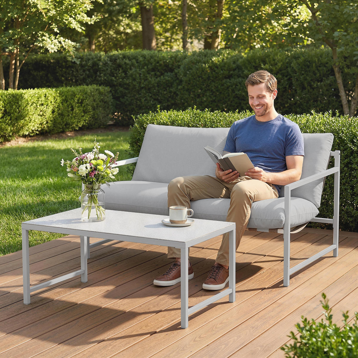 GARTENLOUNGE DE-13531 2-teilig, mit Tisch & 20 cm Kissen Hellgrau - Hellgrau, Metall - ComfortXL