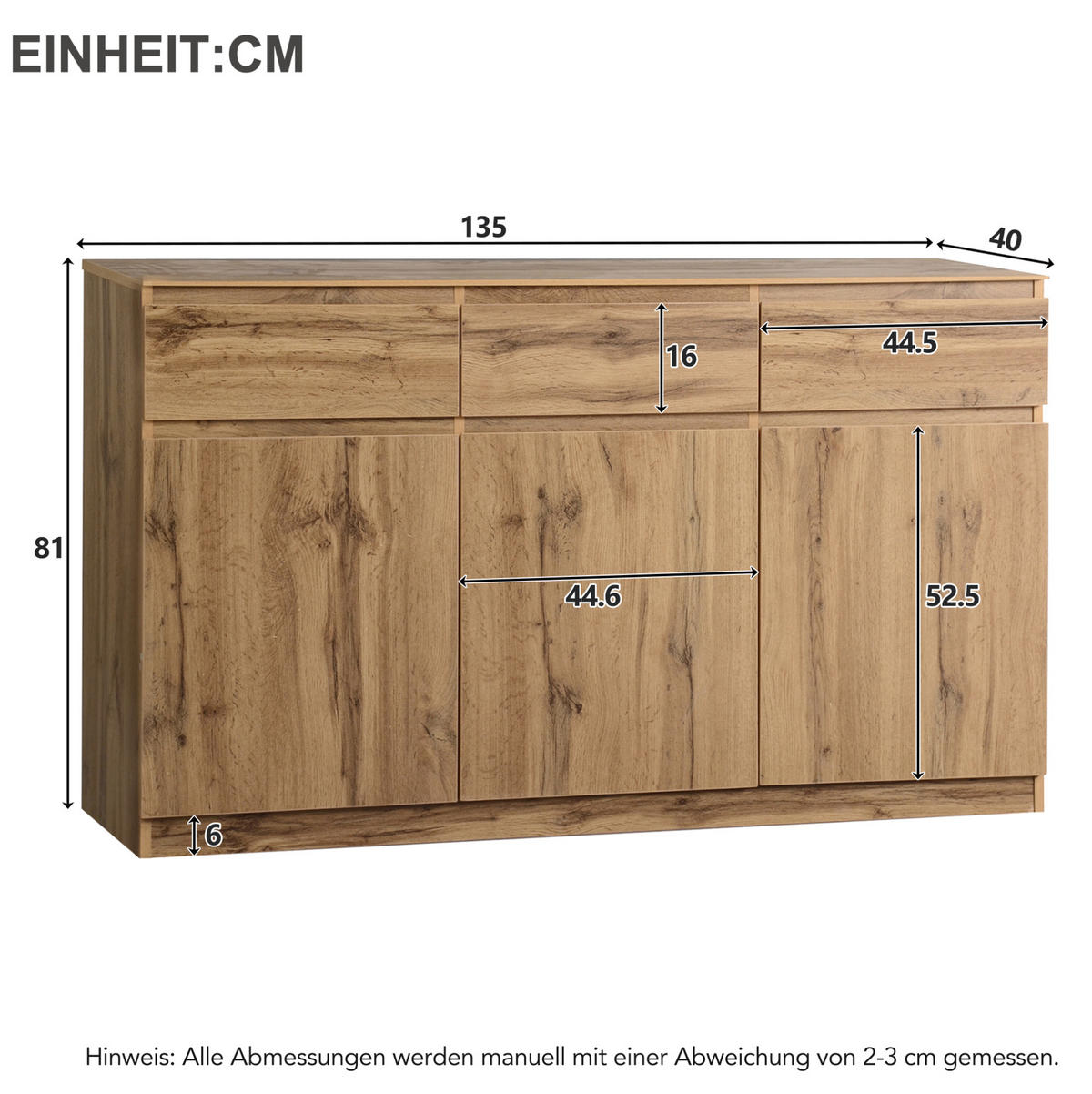 SIDEBOARD 135/40/81 cm aus Spanplatte mit 3 Türen und 3 Schubladen Holzfarben - Naturfarben, Holzwerkstoff (135/81/40cm) - Modenvie