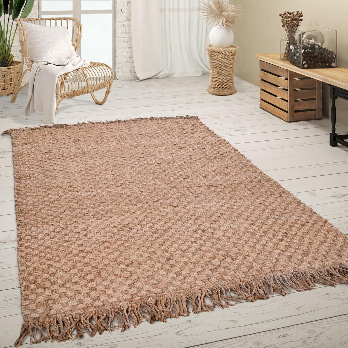 JUTETEPPICH handgewebt wendbar, mit Korbbindung-Motiv, Natur, 160 x 230 cm - Beige, Textil (160/230cm) - KADIMA DESIGN