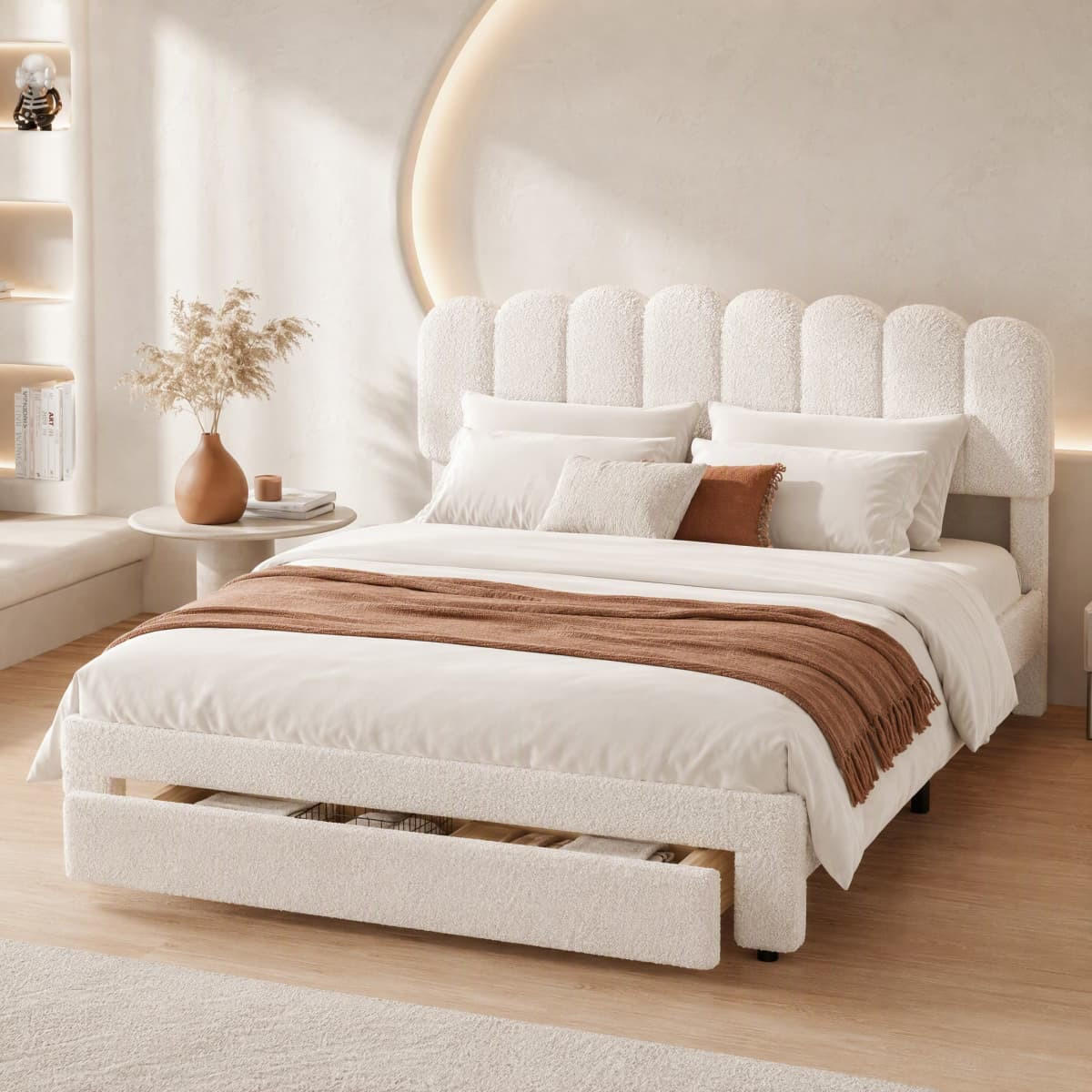 POLSTERBETT 160x200cm beigefarbenes Teddybär-Plüsch-Doppelbett mit USB-Anschluss und Schubladen. - Beige, Textil (160/200cm) - CASIVA