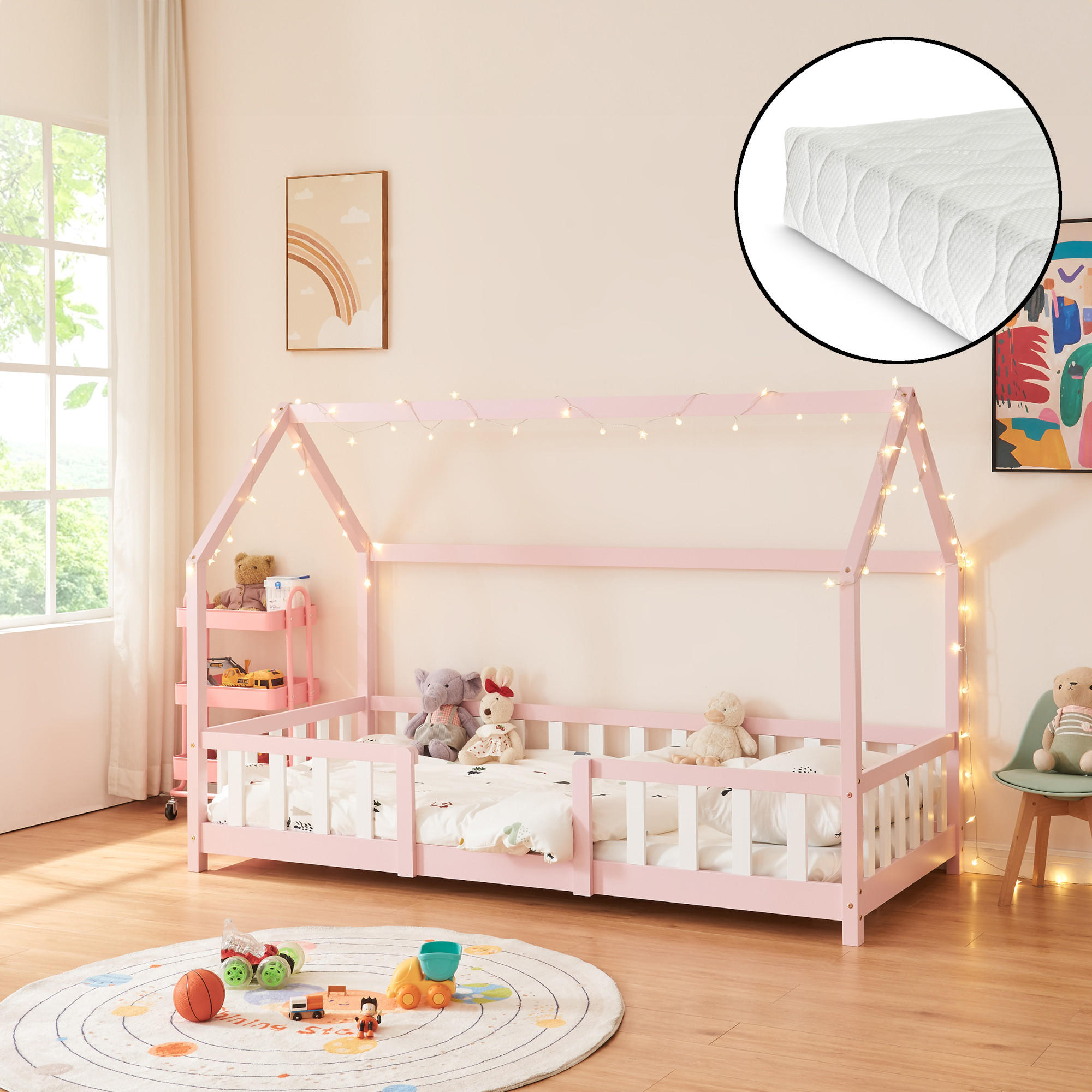 HAUSBETT Sisimiut mit Matratze - Pink/Weiß, Holz/Textil (90/200cm) - [en.casa]