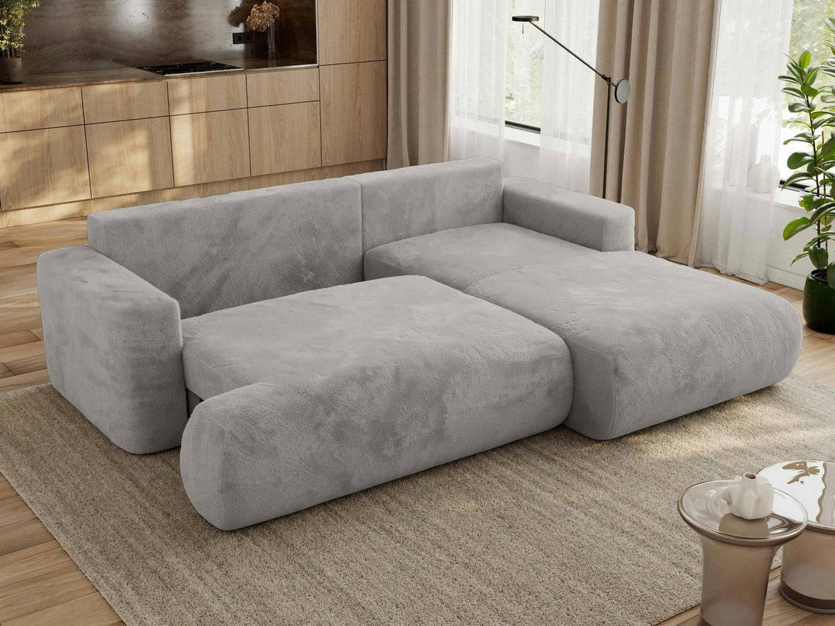 ECKSOFA OVO L Hellgrau Plüsch - Rechts Seite - Hellgrau/Schwarz, Kunststoff/Textil (195/271cm) - MKS