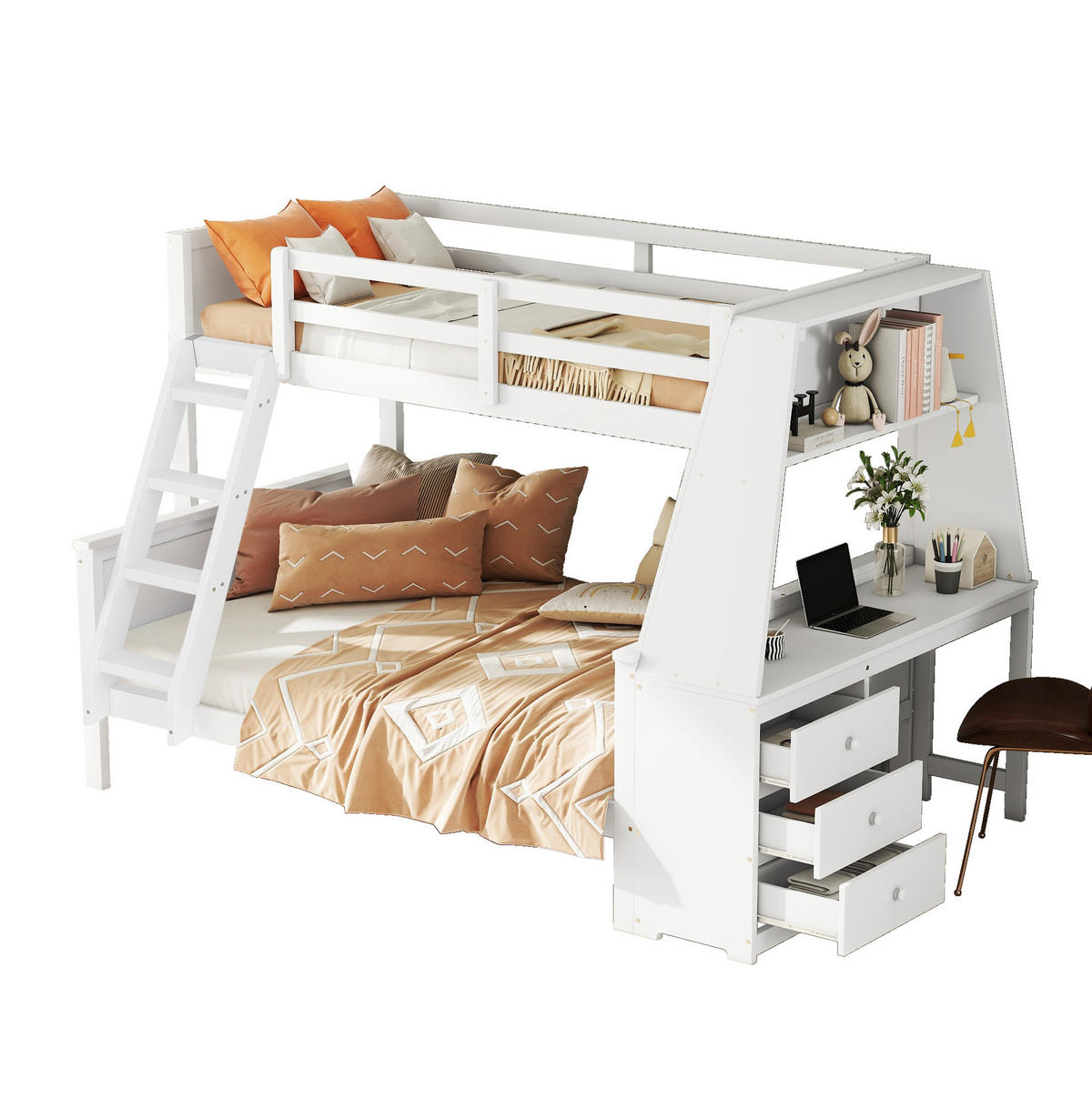 ETAGENBETT 90/200 cm + 140/200 cm Weiß mit Tisch und großem Stauraum - Weiß, Holz (90/200cm) - OKWISH