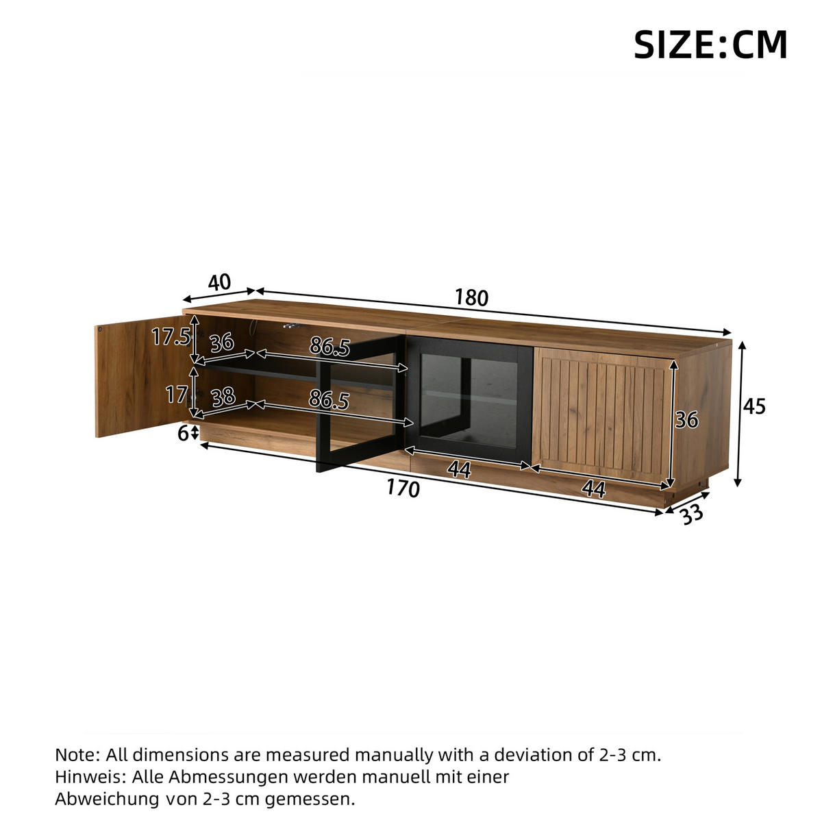 TV-ELEMENT mit LED 180 x 40 x 45 cm Naturholzoptik Schwarz 4 Türen - Braun, Holzwerkstoff (40/45/180cm) - Beauniv