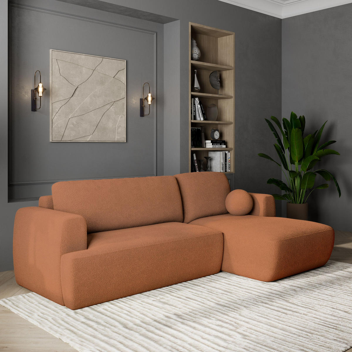 ECKSOFA SENTI N R-S Orange Boucle-Stoff mit Schlaffunktion - Orange, Holz (246/148cm) - MASSENO