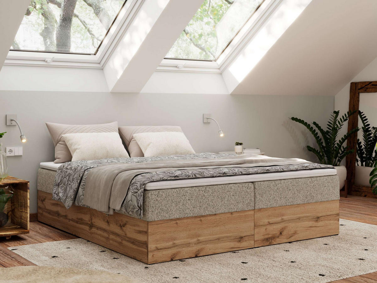 BOXBETT WOOD ZERO 200/200 - Dunkelbeige Struktur - H4 - Topper Visco - Cappuccino, Textil (200/200cm) - MKS