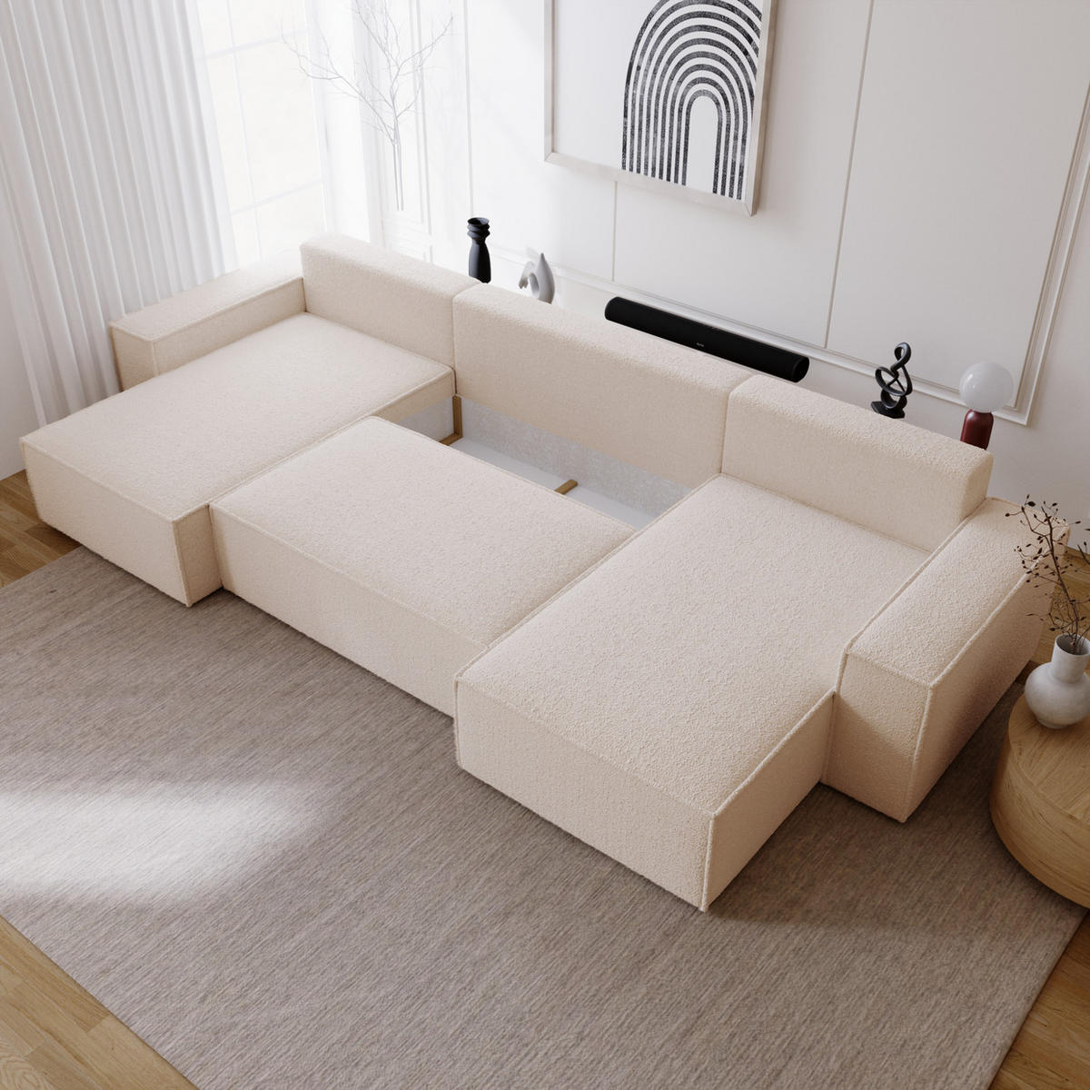 ECKCOUCH Bergamo U Bouclé mit Schlaffunktion, 380 cm, Beige - Beige, Holz (377/189cm) - Emporius