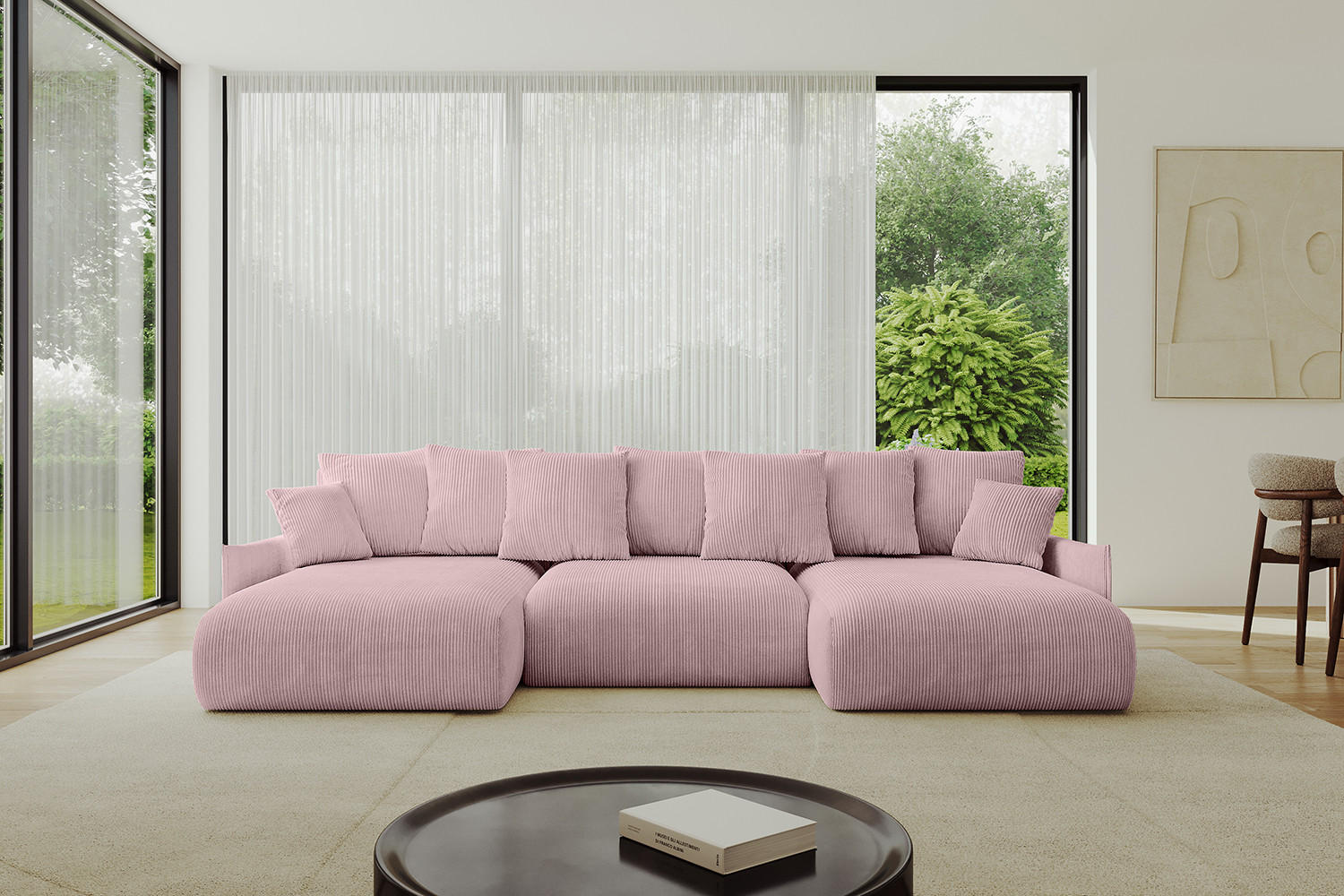 WOHNLANDSCHAFT mit Schlaffunktion und Bettkasten ONESK-U-v1 304x165x40 Rosa Cord - Rosa, Holzwerkstoff/Kunststoff (304/90/165cm) - ALTDECOR