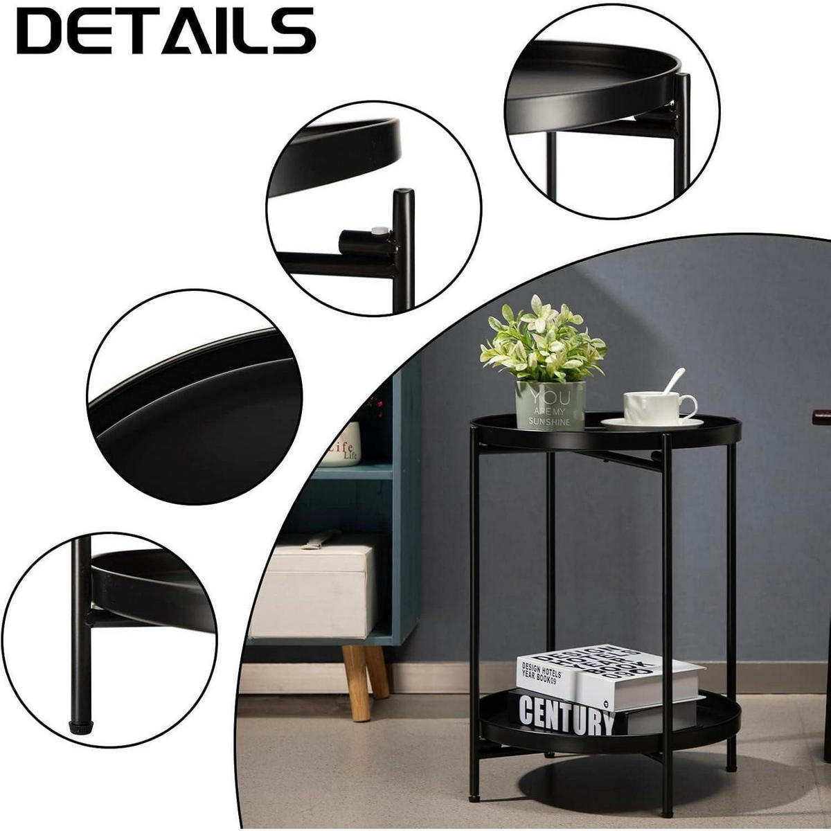 BEISTELLTISCH Rund Schwarz Metall 2 Ebenen 37 x 48.5 cm - Schwarz, Metall (37/37/50cm)