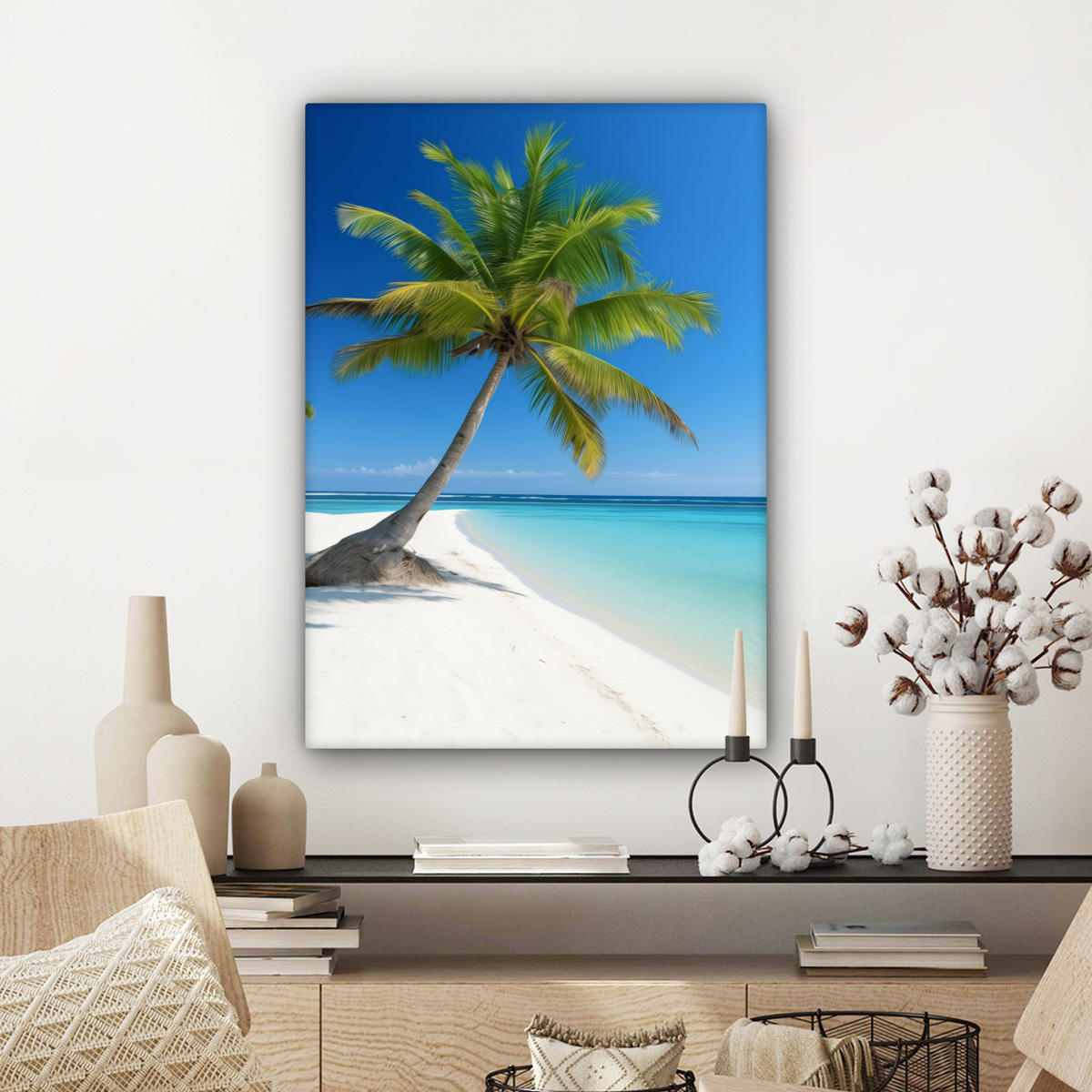 LEINWANDBILD Strand - Palme - Tropisch - Meer Wandbild Wohnzimmer 60x80 cm - Grün, Textil (60/80cm) - MuchoWow