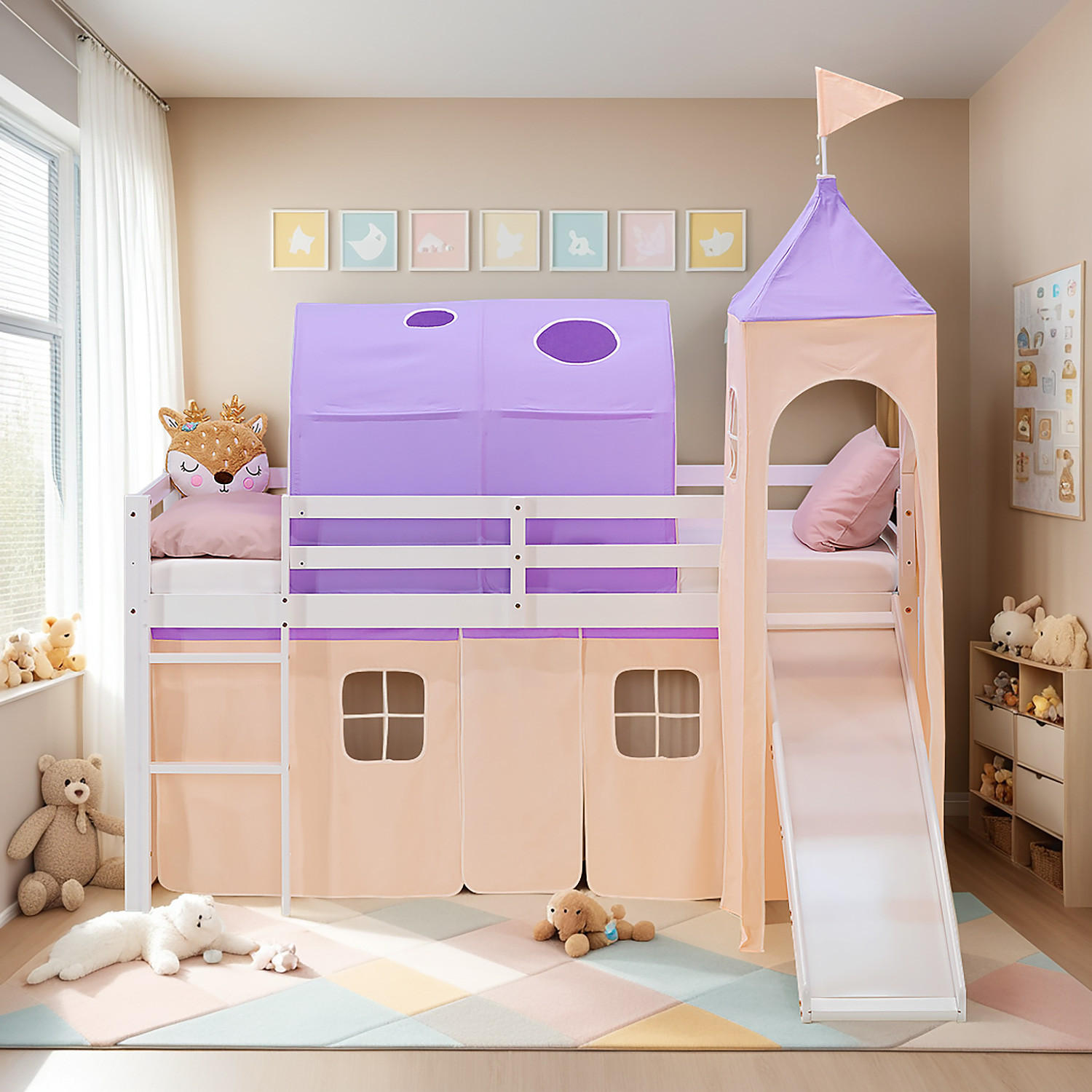 HOCHBETT 90/200 cm in weiß Rutsche Bettvorhang Turm Tunnel peach - Lila/Weiß, Holz/Textil (90/200cm) - Homestyle4u
