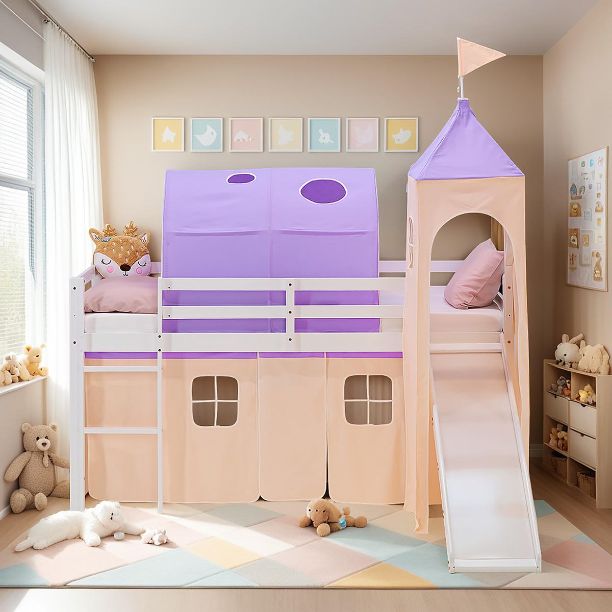 HOCHBETT 90/200 cm in weiß Rutsche Bettvorhang Turm Tunnel peach - Lila/Weiß, Holz/Textil (90/200cm) - Homestyle4u