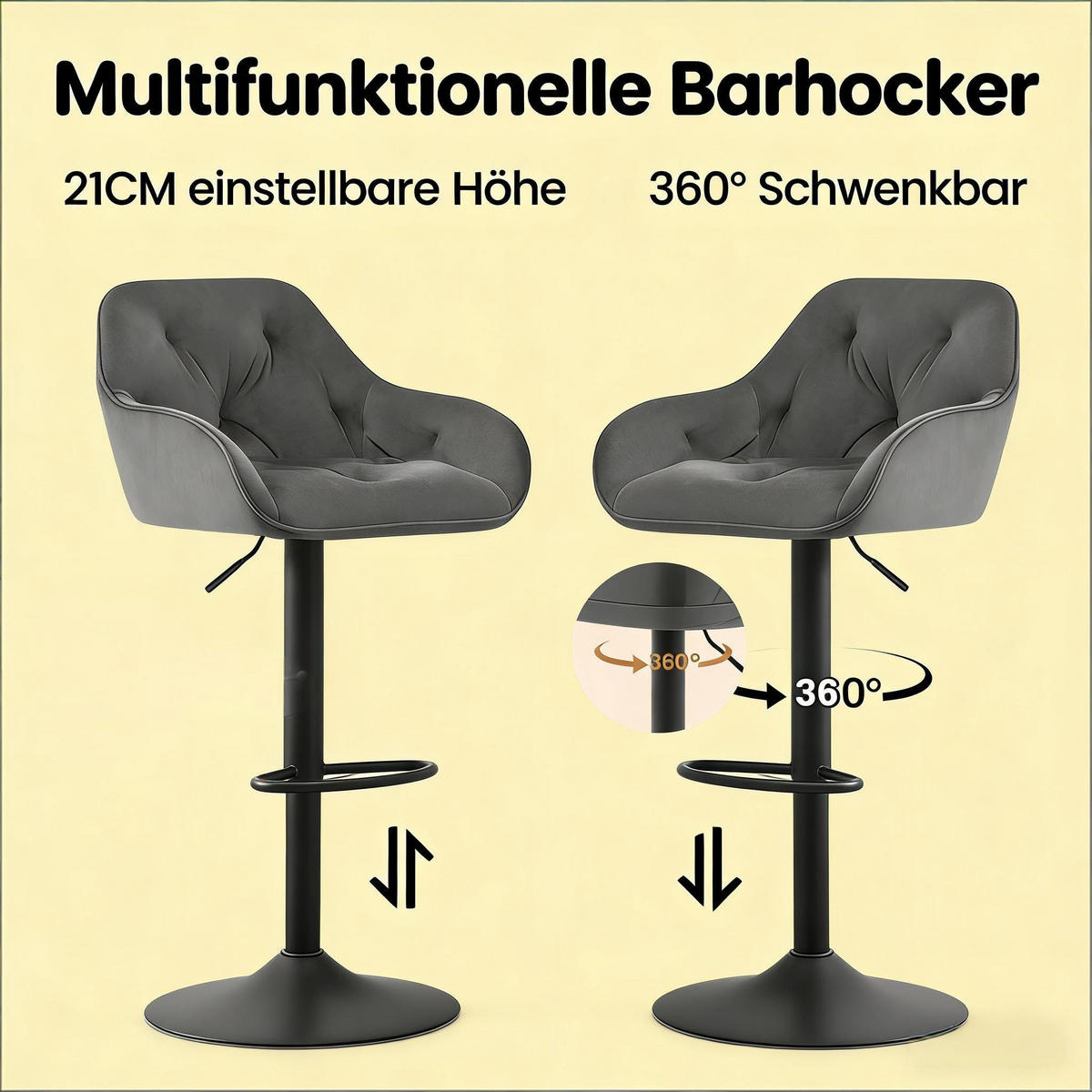 BARHOCKER 2er-Set Dunkelgrau Samt Höhenverstellbar Drehbar mit Rückenlehne - Dunkelgrau, Metall (37.5/108.5/37cm) - PANGIVO