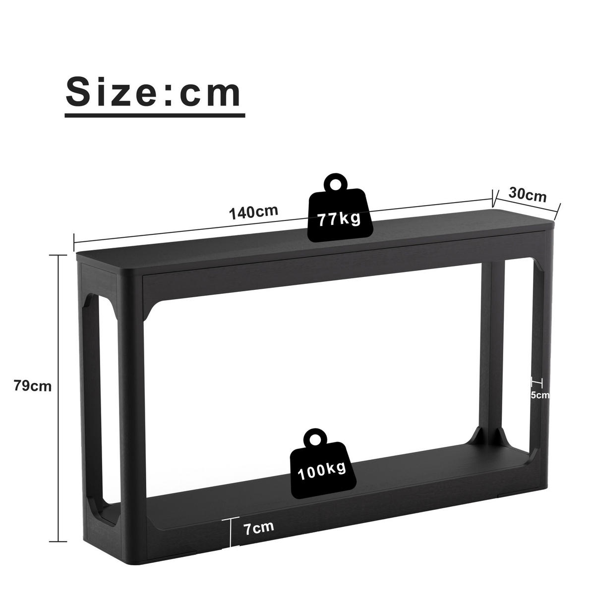 KONSOLENTISCH aus MDF 140x30x79 cm Schwarz mit 2 offenen Ablagen - Schwarz, Holzwerkstoff (140/30/79cm) - IVMEU