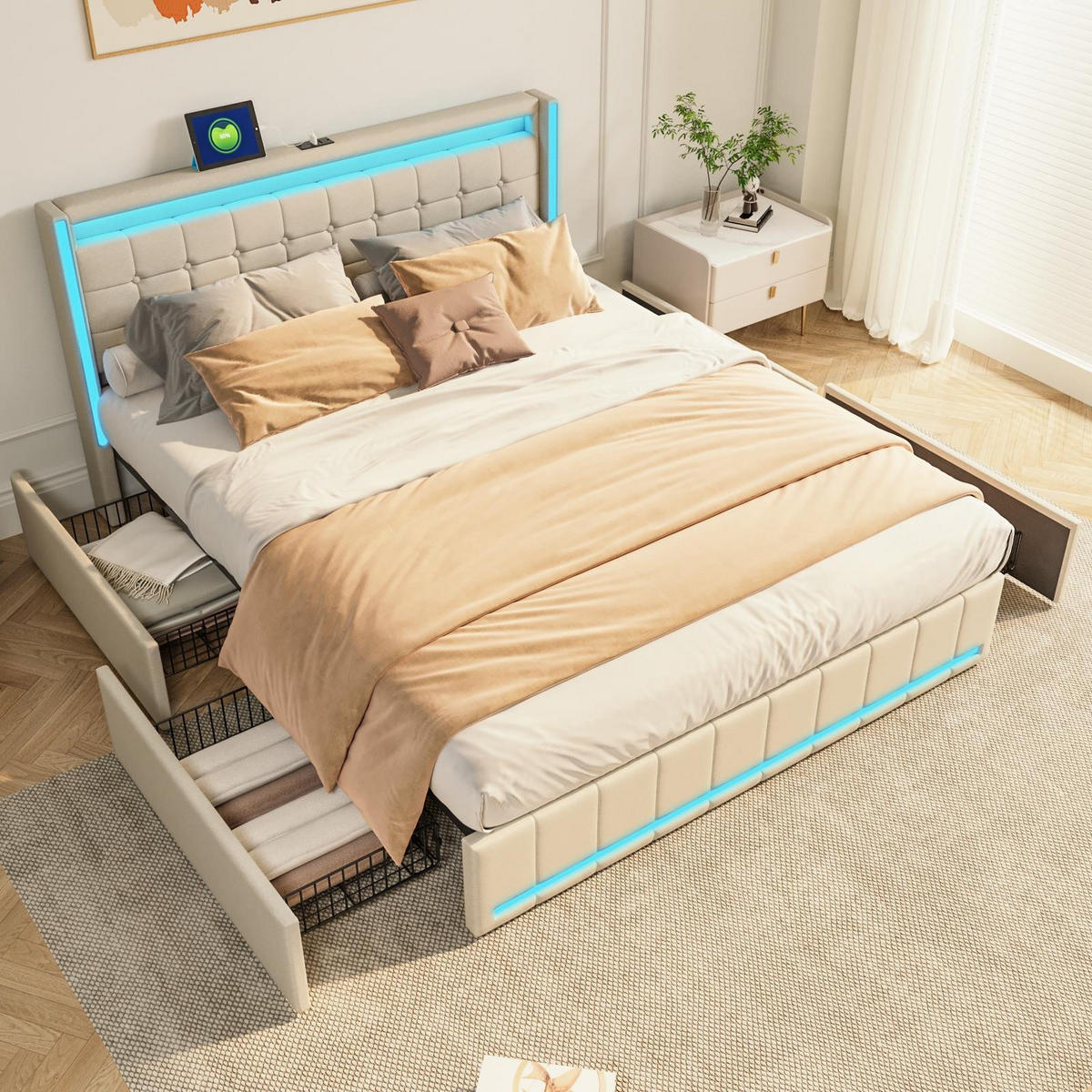 POLSTERBETT 180/200 cm, Stauraumbett mit 4 Schubladen, LED und USB-Ladefunktion Typ C, Beige - Beige, Holzwerkstoff (180/200cm) - Brevoria