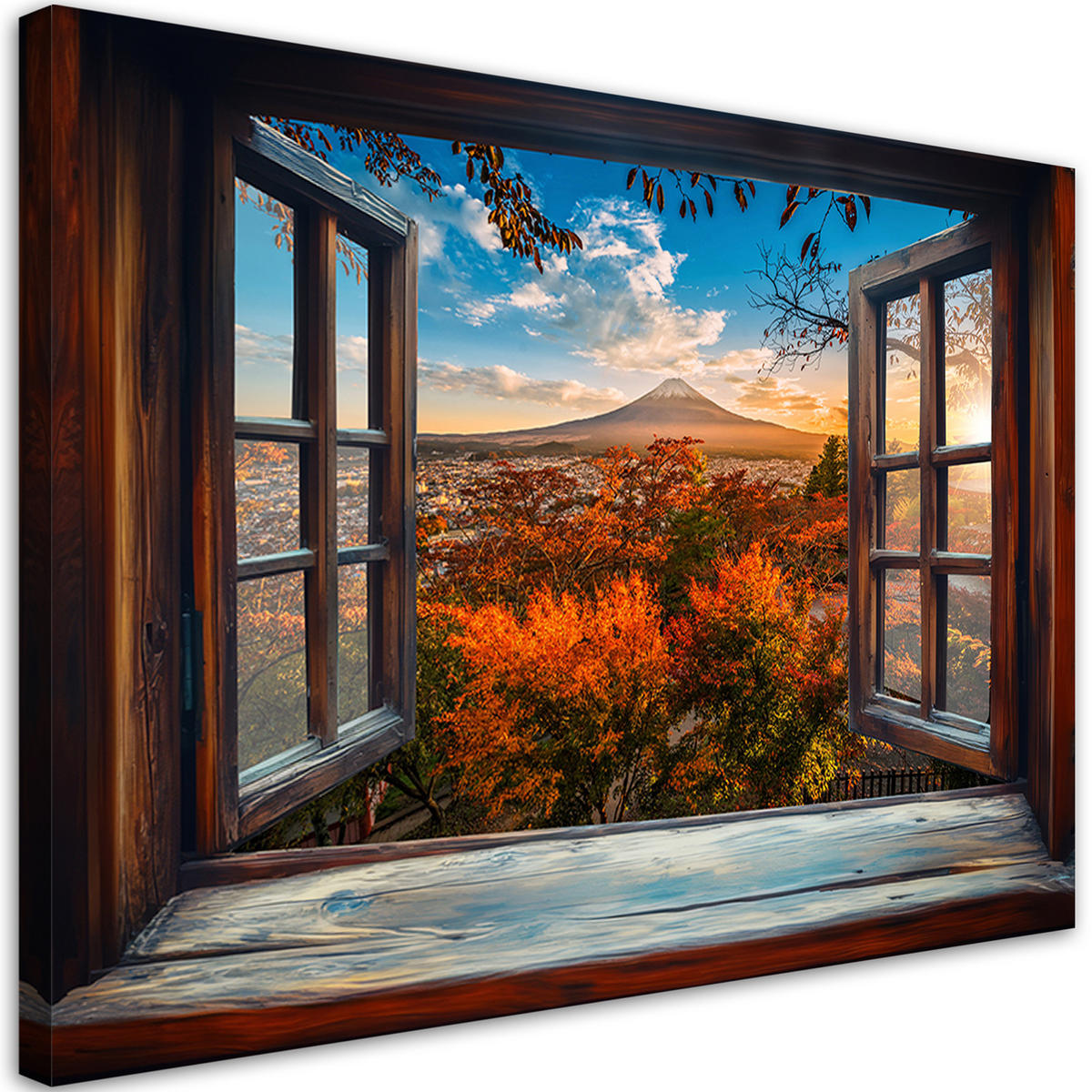 WANDBILD blick aus einem fenster japan berg fuji natur - Braun, Textil (60/40cm) - Feeby