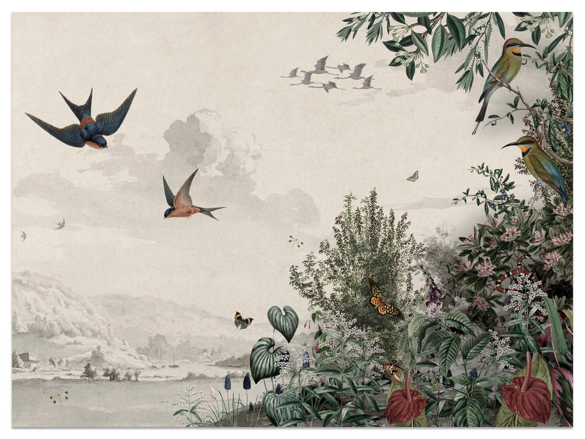 FOTOTAPETE für Wohnzimmer Retro Tropenlandschaft Vögel Büsche 400x280 - Beige/Rot, Papier (400/280cm) - Muralo