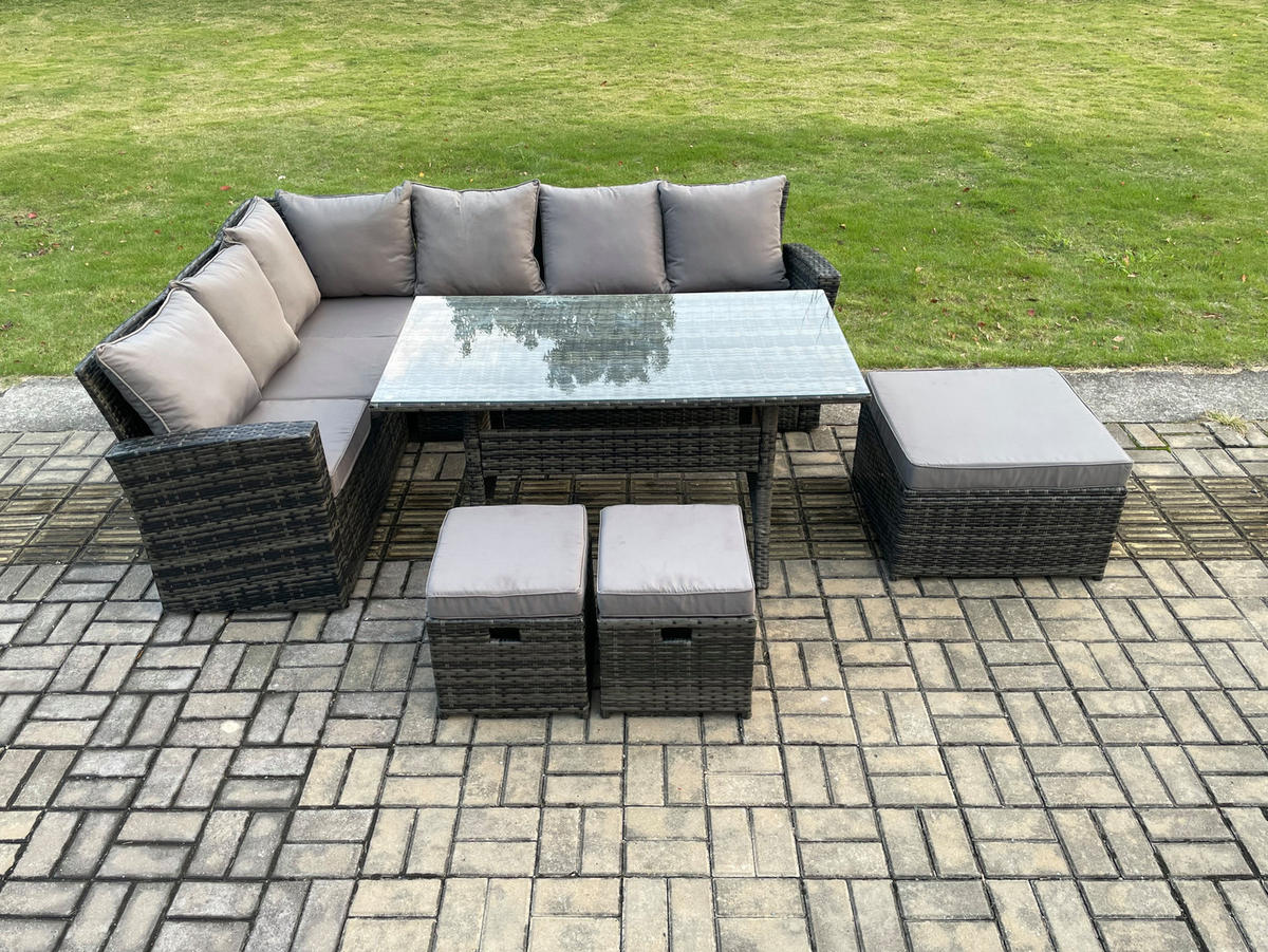 GARTENLOUNGE mit Ecksofa Polyrattan Dunkelgrau 9-Sitzer - Dunkelgrau/Grau, Glas/Kunststoff - Fimous