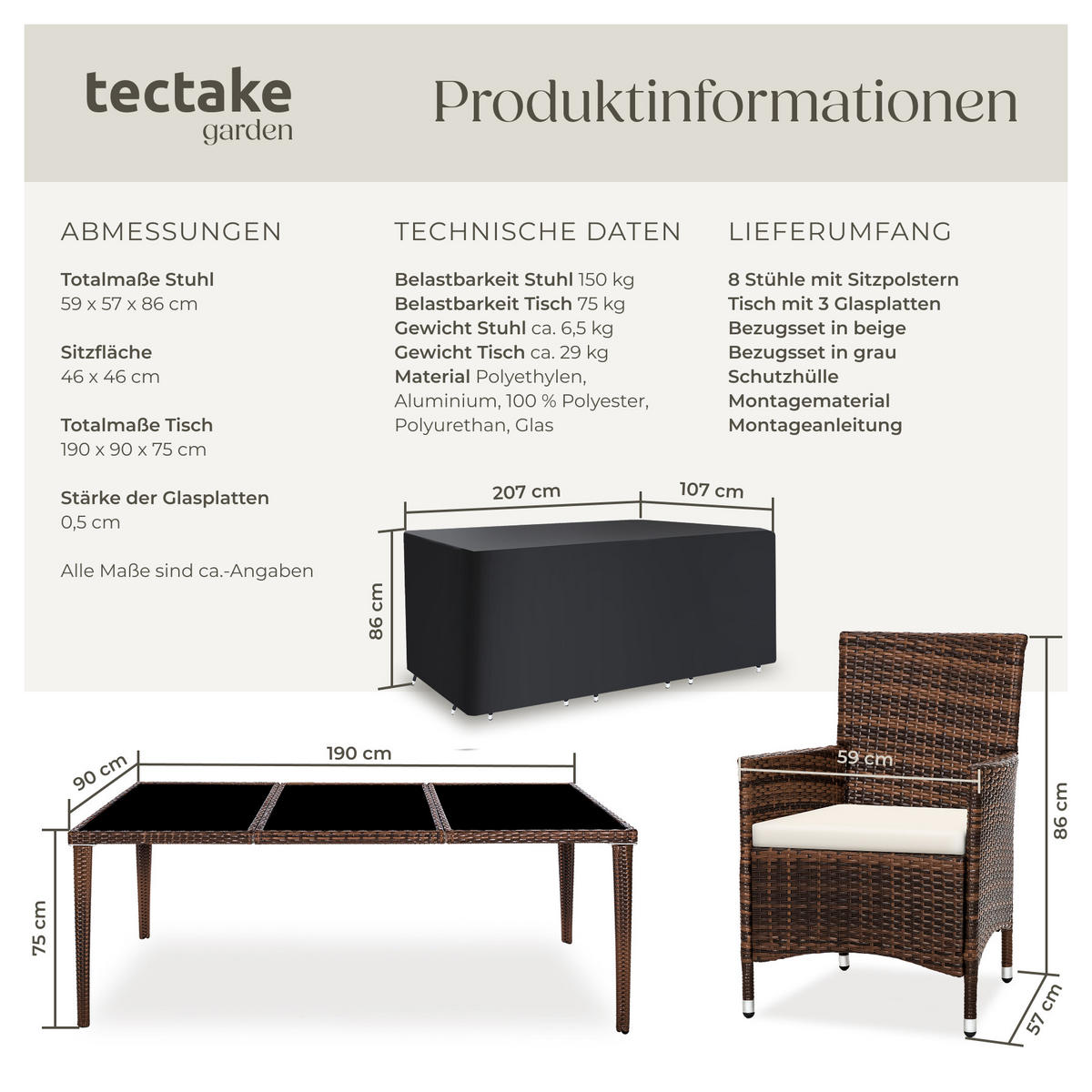 RATTAN SITZGRUPPE Menorca,2 Bezugssets, inklusive Schutzhülle,schwarz/braun - Schwarz/Braun, Kunststoff - tectake
