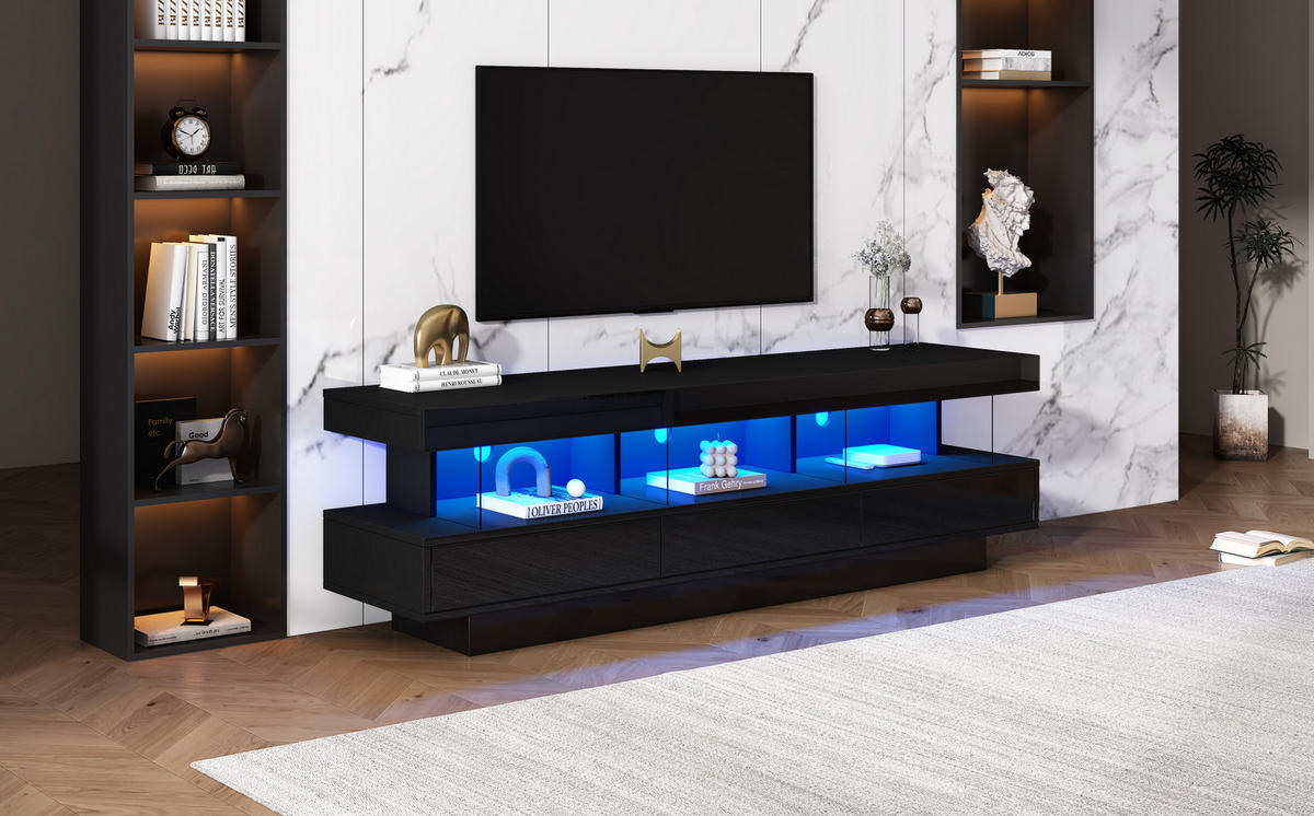 TV-LOWBOARD aus Spanplatte 160x38x50,5 cm Schwarz Hochglanz mit LED-Beleuchtung, Bluetooth-App-Steuerung und 3 Glasfächern - Schwarz, Holzwerkstoff (160/50.5/38cm) - Modfu