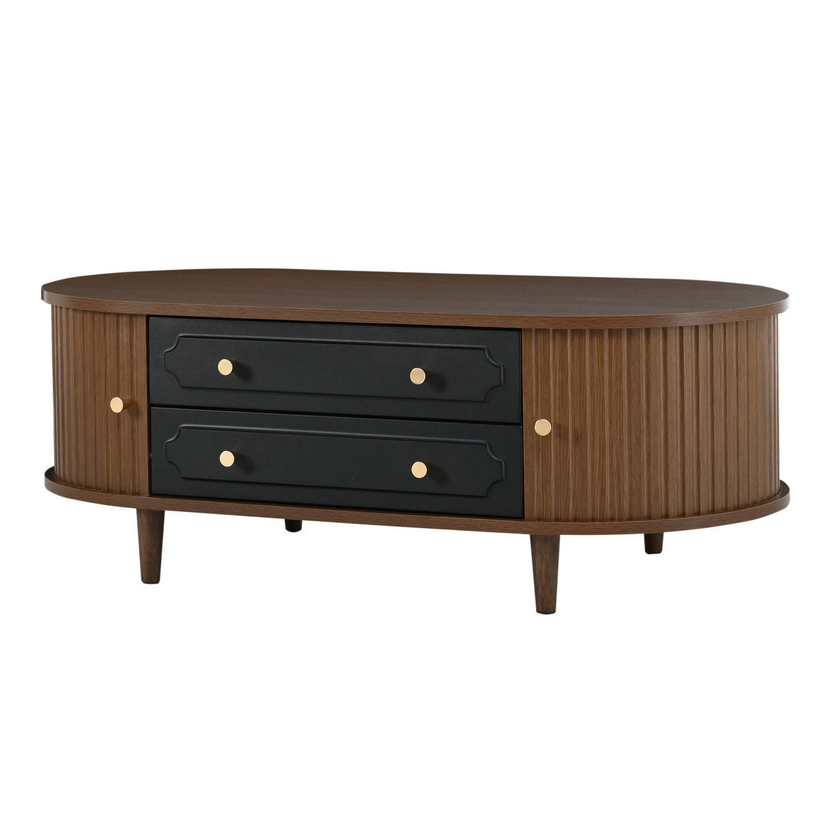 COUCHTISCH mit Rolltür, Retro-Design & Stauraum, Walnuss/Schwarz, 100/50/36 cm praktisch - Walnussfarben/Schwarz, Holzwerkstoff (100/50/36cm) - EVRYAE