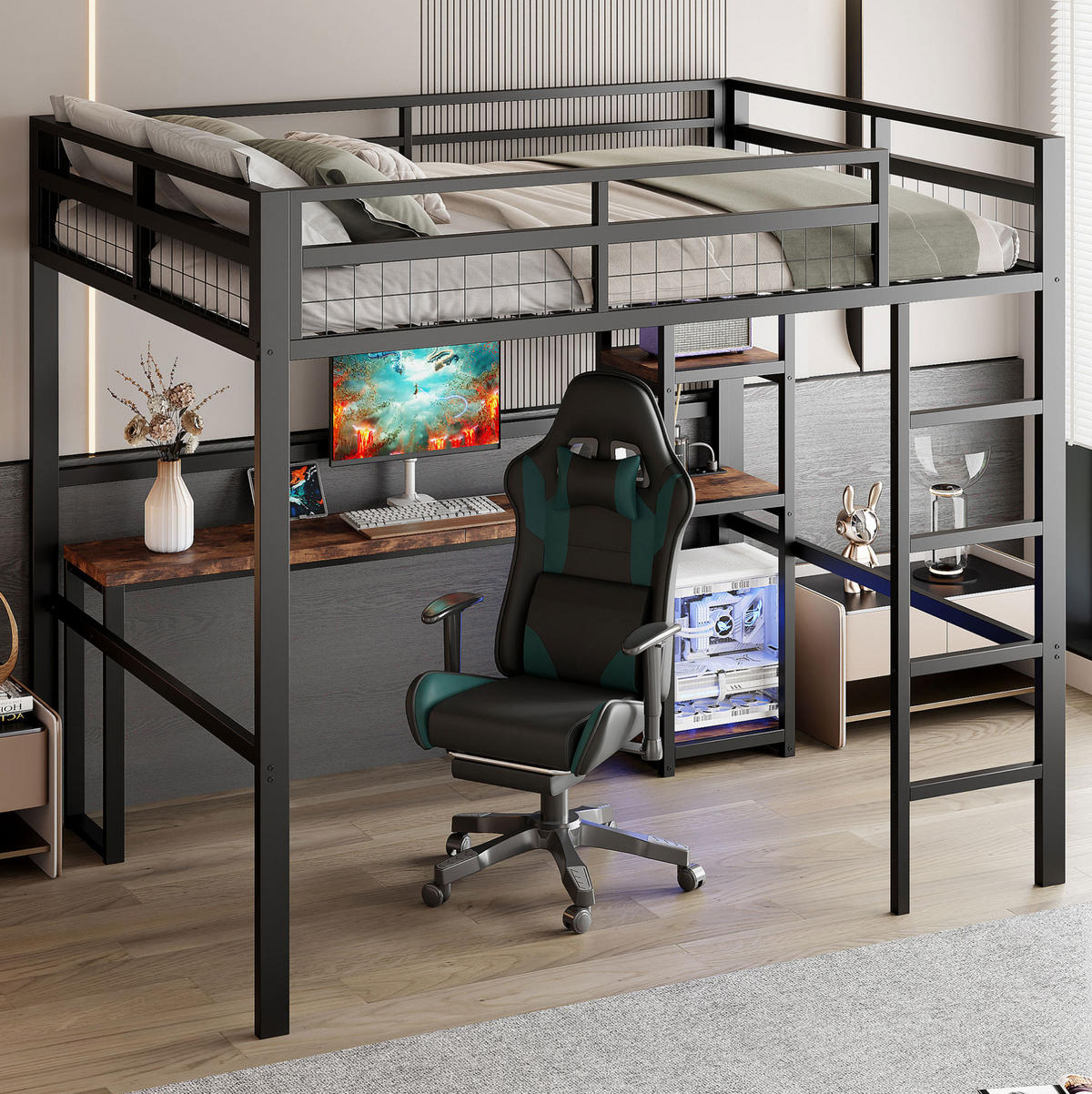 HOCHBETT 140/200 cm Schwarz mit Schreibtisch und USB-Anschluss - Schwarz, Metall (140/200cm) - OKWISH