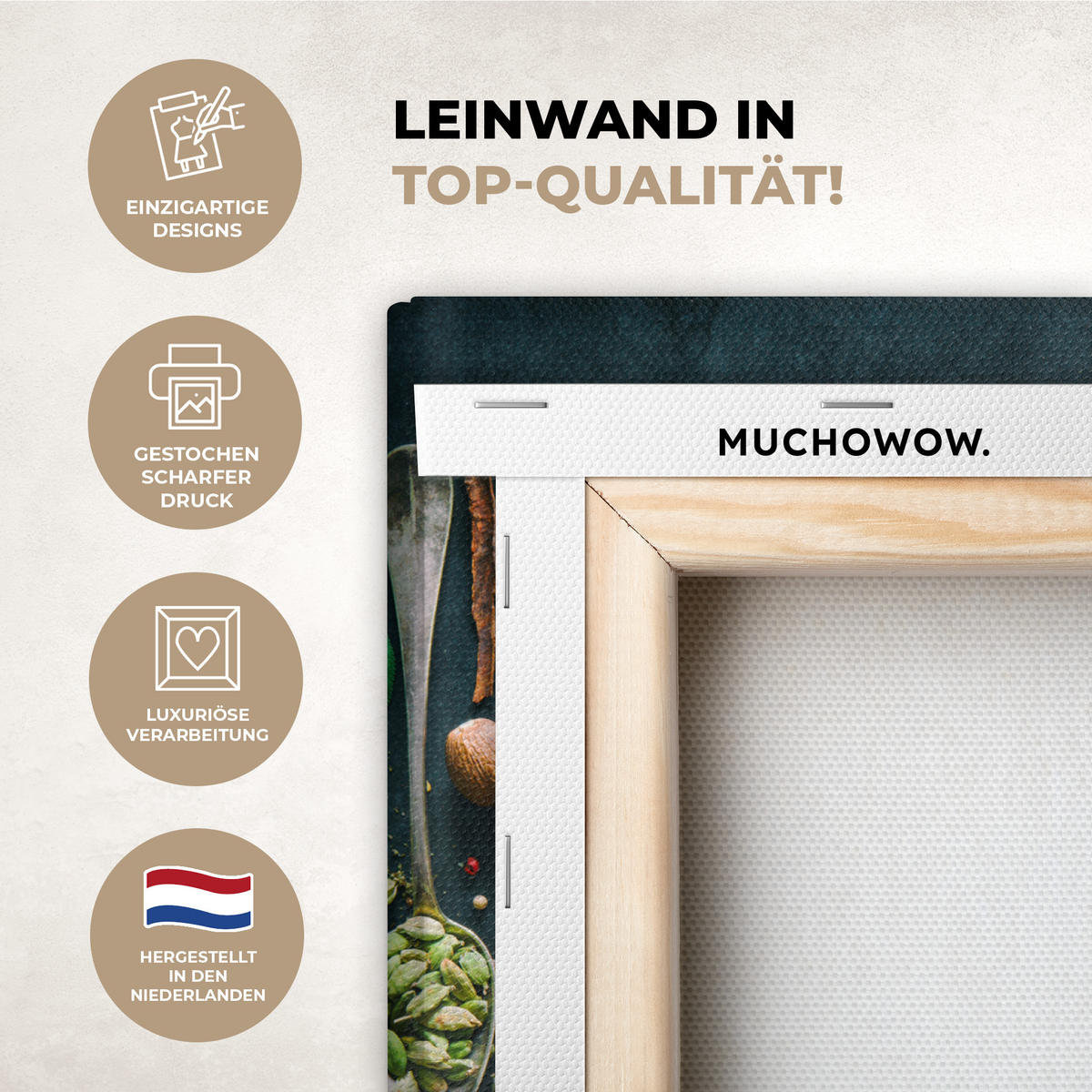 LEINWANDBILD Kräuter - Gewürze - Löffel Deko Wohnzimmer 20x20 cm - Currygelb, Textil (20/20cm) - MuchoWow