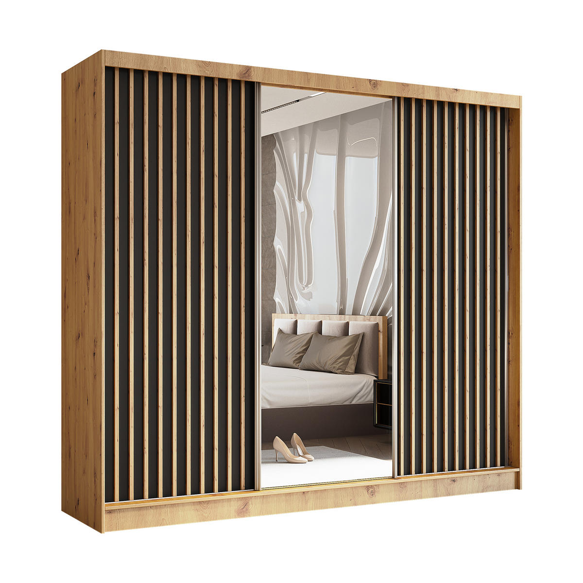 SCHWEBETÜRENSCHRANK LAMELLO 240/216/61 cm 3-türig mit Spiegel Eiche Artisan - Schwarz/Eiche Artisan, Holzwerkstoff (240/216/61cm) - MASSENO