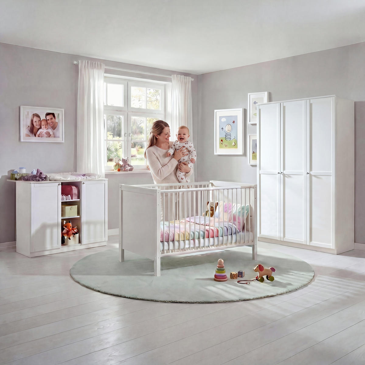 BABYZIMMER-SET 3-tlg.: Babybett & Wickelkommode & Kleiderschrank 3-türig B135/H198/T58 cm, Soft-Close, Landhausstil Weiß / 22803 - Silberfarben/Weiß, Holzwerkstoff/Metall (76/83/146cm) - luma-home