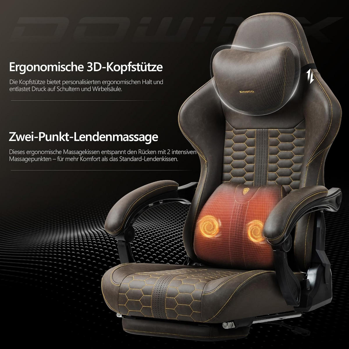 GAMING-STUHL & hoher Rückenlehne, Massagefunktion PU-Leder - Braun, Leder (61/117/61cm)
