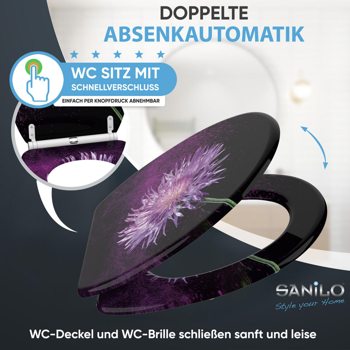 WC-SITZ mit Absenkautomatik & Top Fix Purple Dust - Violett, Holzwerkstoff (37.7/5.5/48cm) - Sanilo