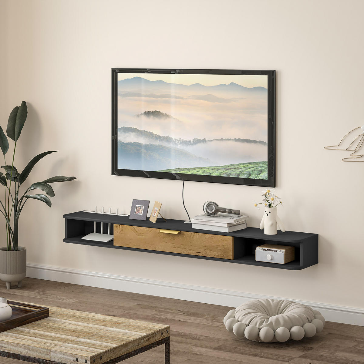 TV-LOWBOARD Grau 160/24/16 cm, Hängend, Klapptür, Offene Fächer - Grau, Holzwerkstoff (160/16/24cm) - PANGIVO