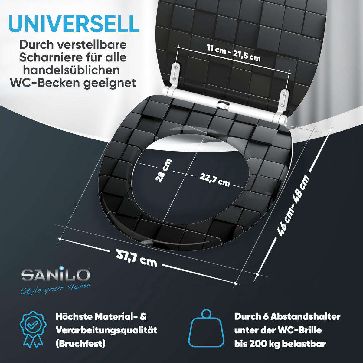 WC-SITZ mit Absenkautomatik & Top Fix Cube - Schwarz, Holzwerkstoff (37.7/5.5/48cm) - Sanilo