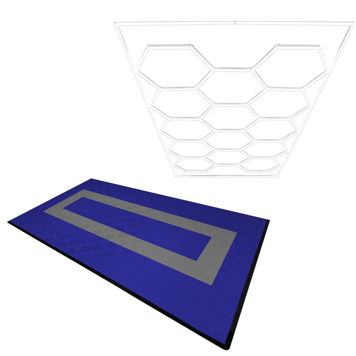 GARAGENBODENFLIESEN Belüftete und sechseckige LED-Leuchten 90 Blaue x 30 Graue - mit Kanten - Blau, Kunststoff (40/1.8/40cm)