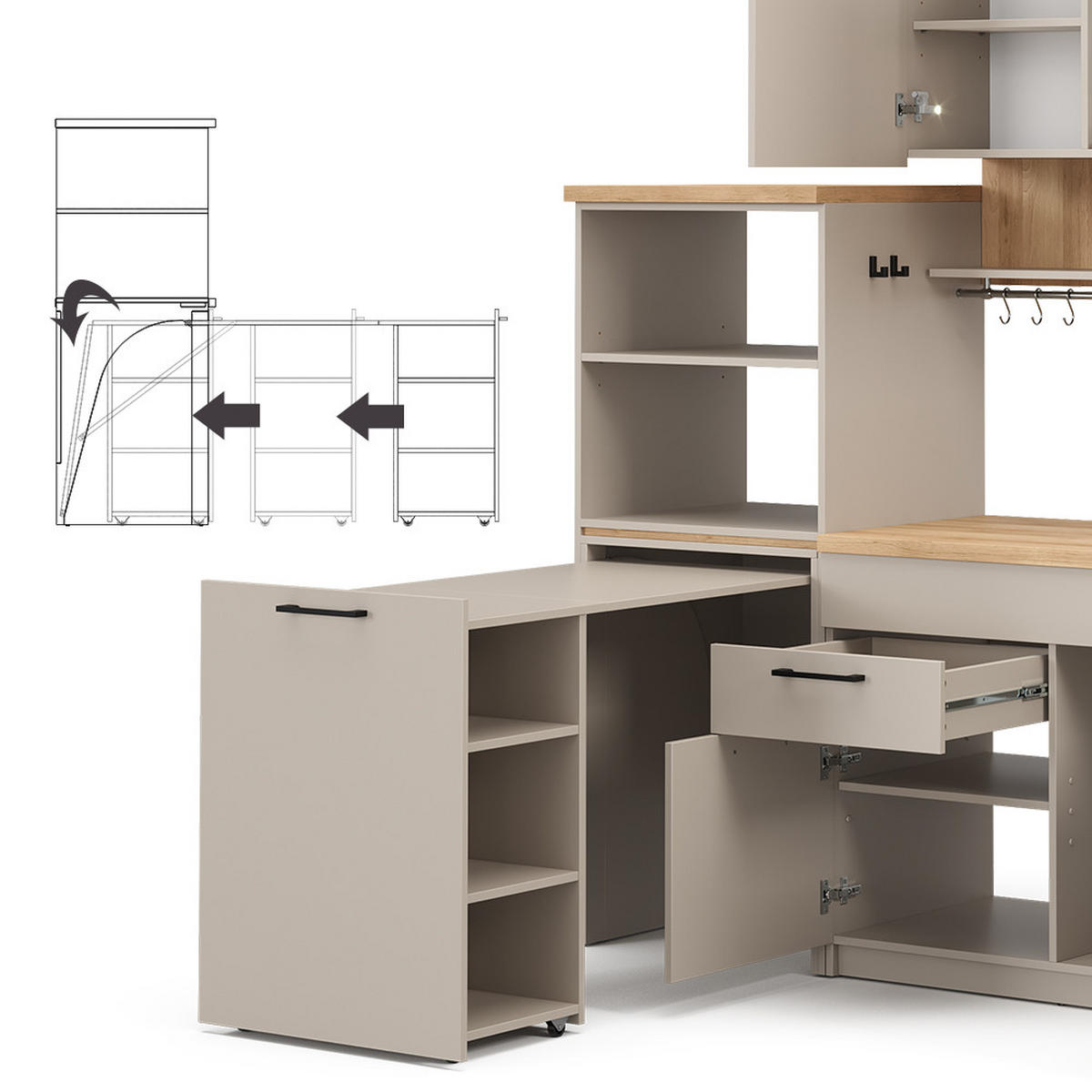 SINGLEKÜCHE Egbert Greige 160 cm mit ausziehbarem Tisch - Honigeiche/Greige, Holzwerkstoff (160/81.6/60cm) - Vicco