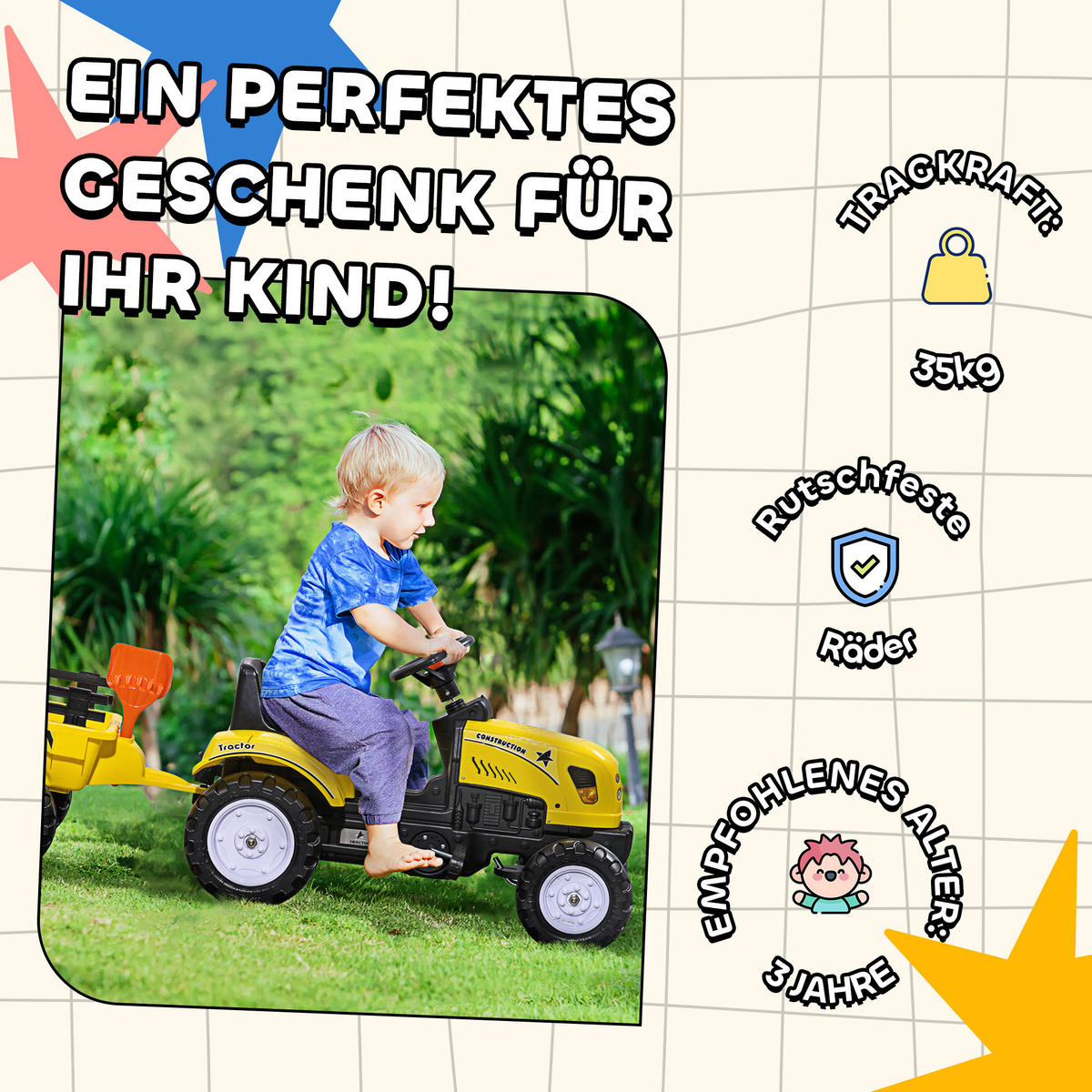 TRETTRAKTOR mit Anhänger Tretauto Traktor ab 3 Jahre Spielzeug Kinder Gelb - Gelb, Metall (133/42/51cm) - HOMCOM