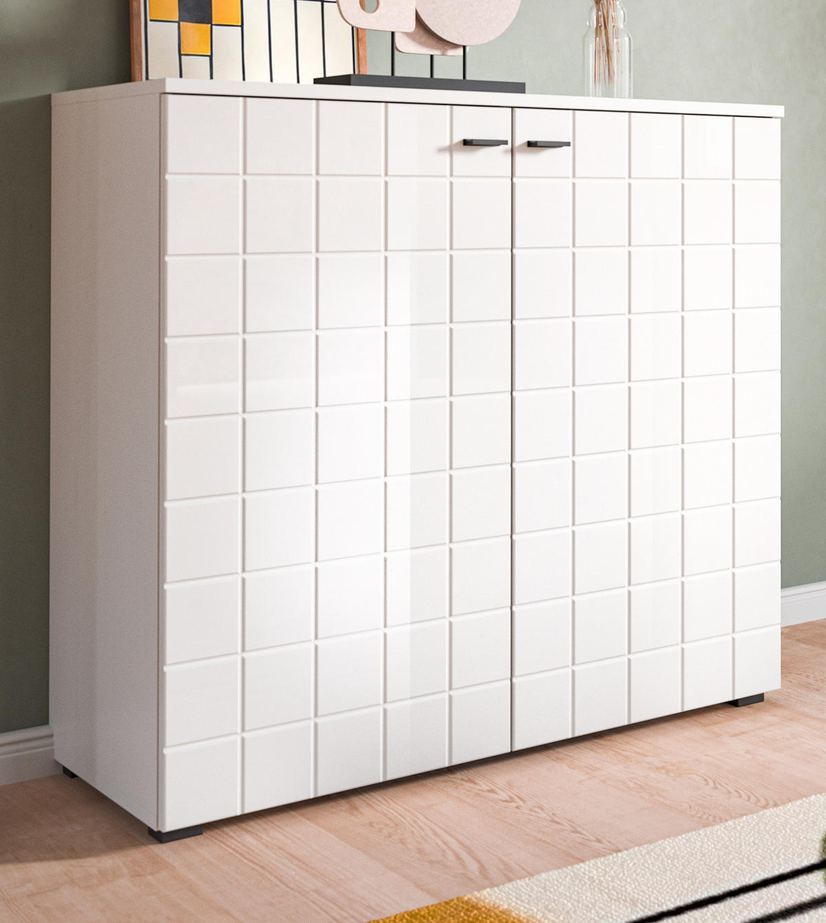 KOMMODE weiß Hochglanz 92 cm, Sideboard mit 6 Fächern - Weiß Hochglanz/Schwarz, Holzwerkstoff/Kunststoff (92/86/37cm) - Inn.Furn