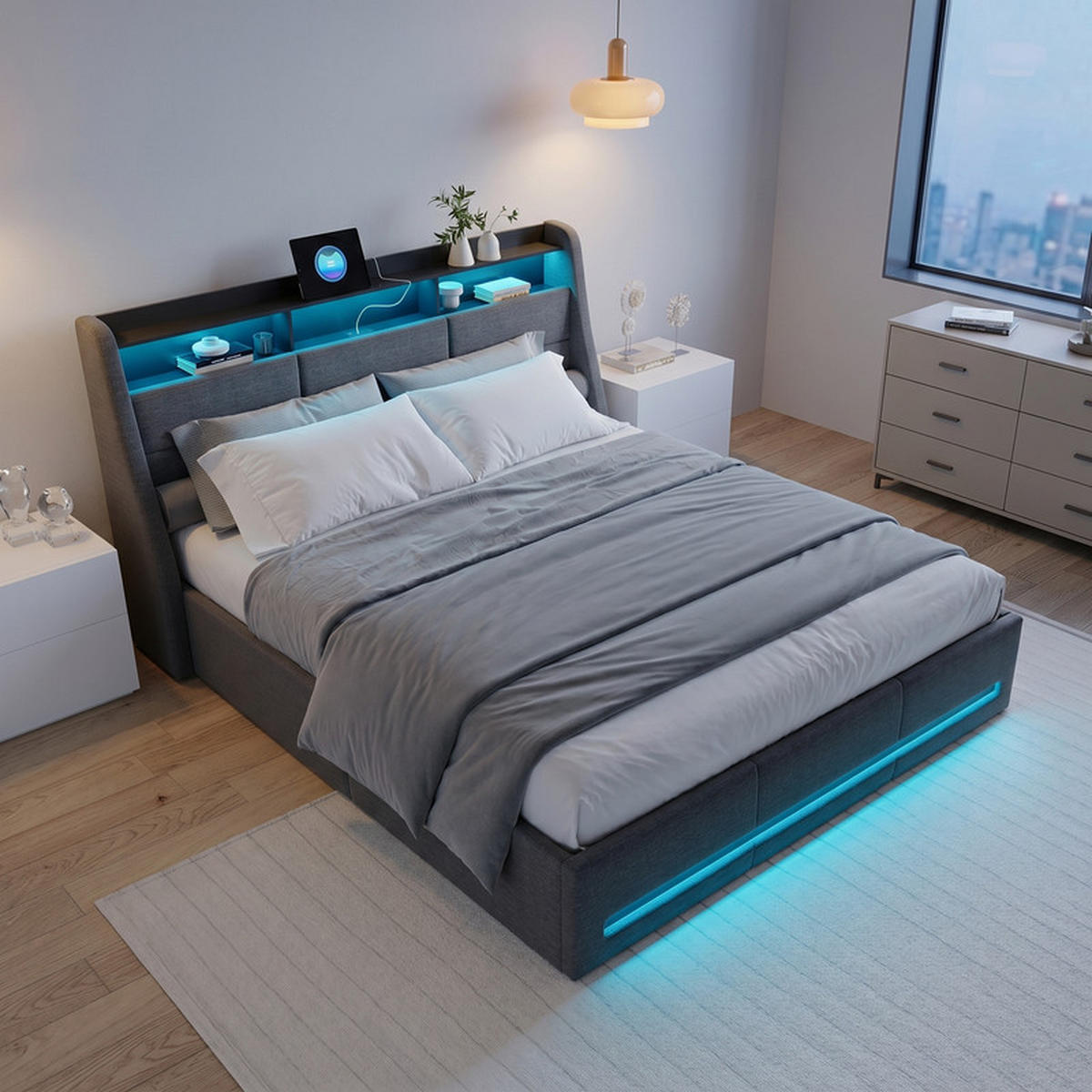 POLSTERBETT 140/200 cm grau mit Stauraum, LED und USB - Grau, Holz
