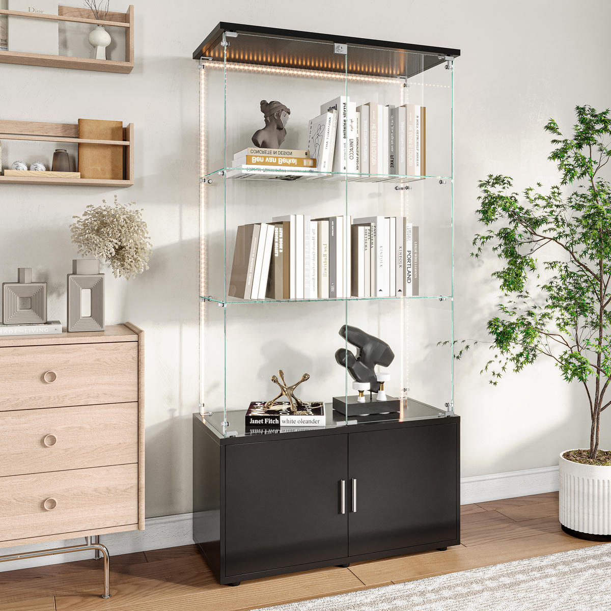 GLASVITRINE 164x78,5x35 cm 4 Türen 6 Einlegeböden LED schwarz - Schwarz, Holz (78.5/164/35cm) - LEBENLANG