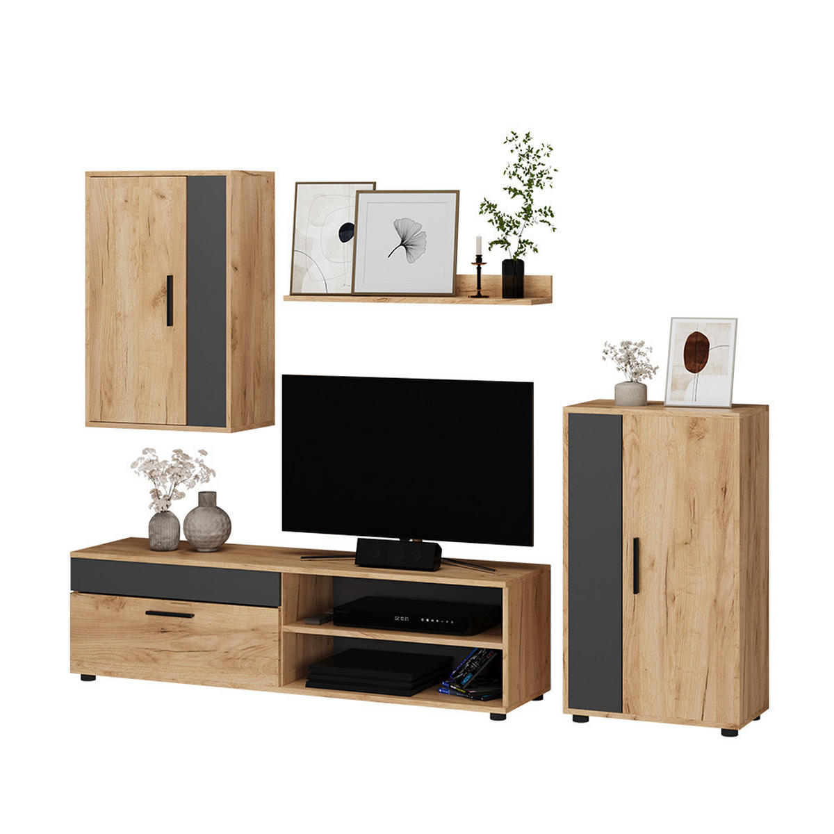 WOHNWAND Berno Goldkraft Eiche 4er Set - Honigeiche/Anthrazit, Holzwerkstoff (140/38.7/35.2cm) - Vicco