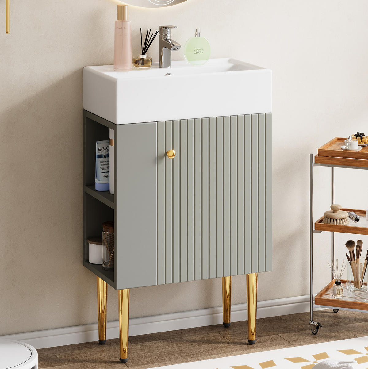 BADEZIMMERSCHRANK 55x31x91.5cm Grau-Weiß mit Hochglanz-Keramikbecken - Grau, Holzwerkstoff (55/91.5/31cm) - Modfu