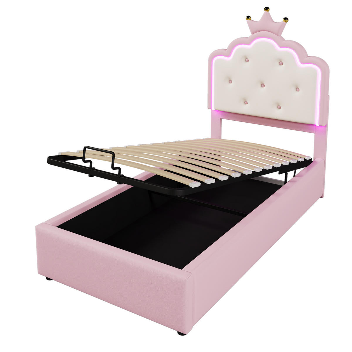 STAURAUMBETT 90/200 cm DE-04641, mit LED, Hydraulik und Kronprinzessinnen-Form in Rosa - Pink, Holzwerkstoff/Metall (90/200cm) - ComfortXL