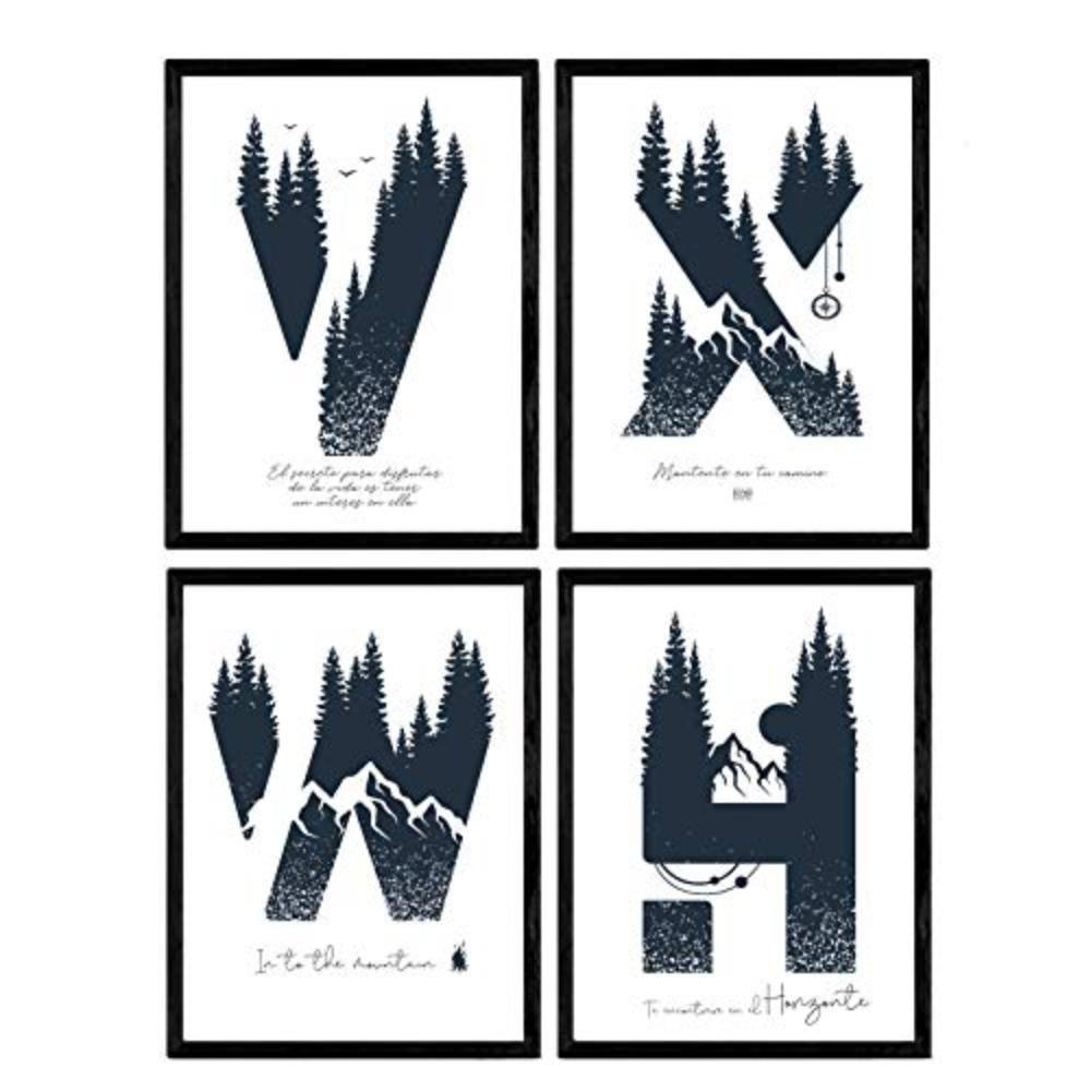 POSTER Set mit 4 Buchstaben H, V, X, W A3 Schwarzer Rahmen - Schwarz, Papier (29.7/3cm) - Nacnic