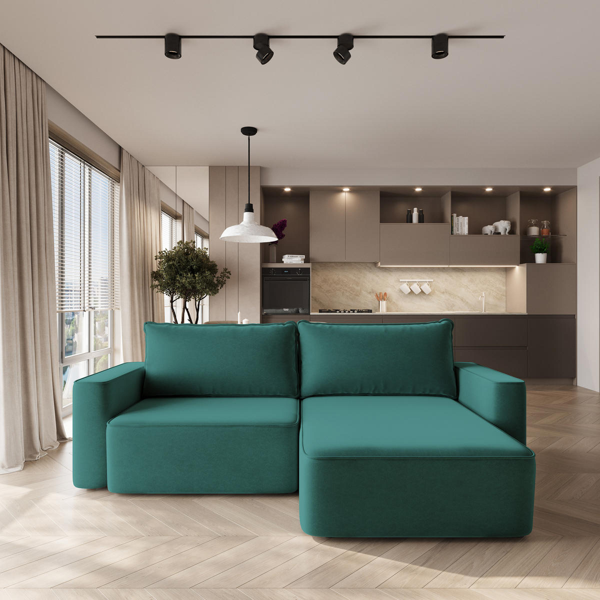 ECKSOFA BELISE CL Blau Veloursstoff mit Schlaffunktion - Türkis, Holz/Textil (252/162cm) - MASSENO